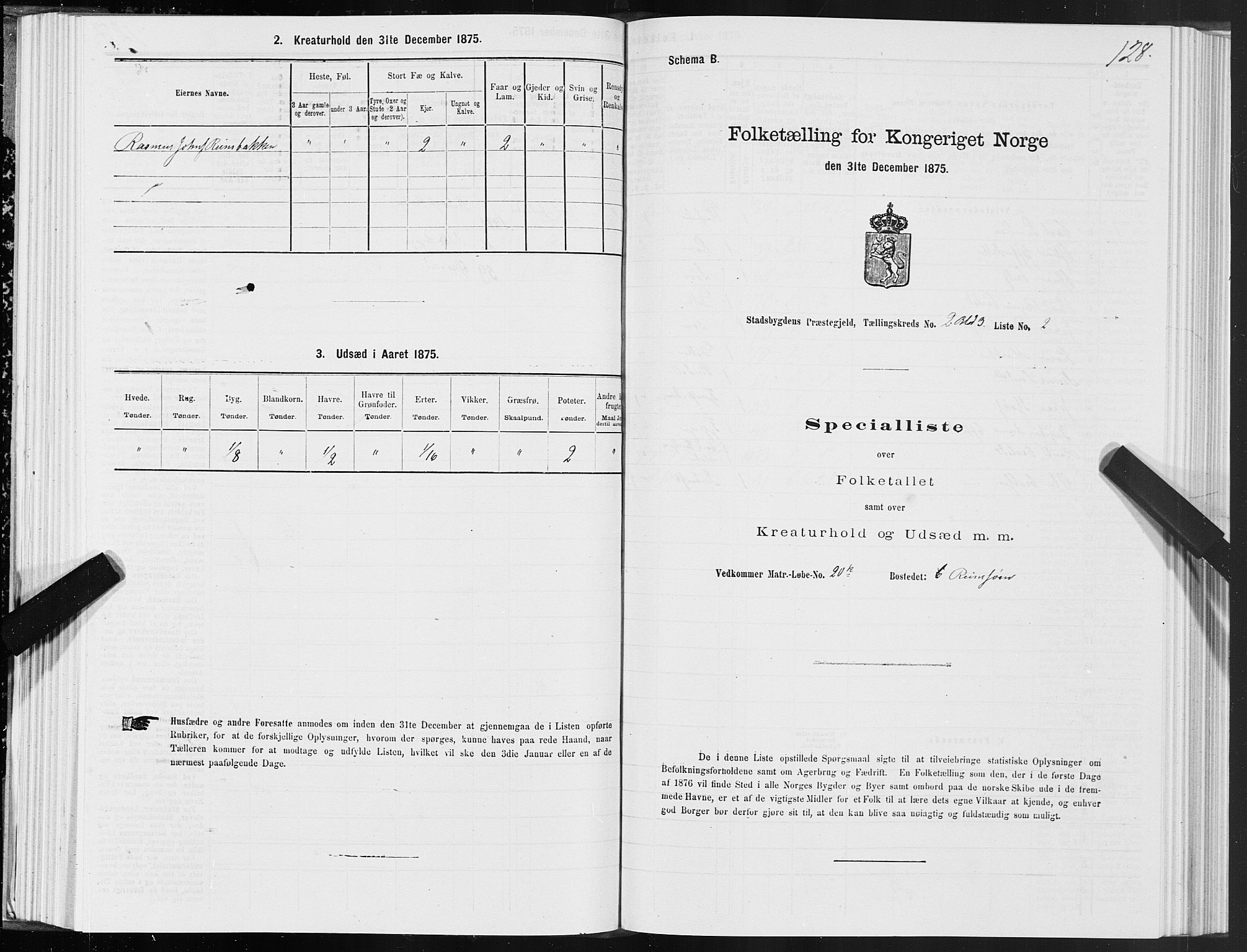 SAT, 1875 census for 1625P Stadsbygd, 1875, p. 1128