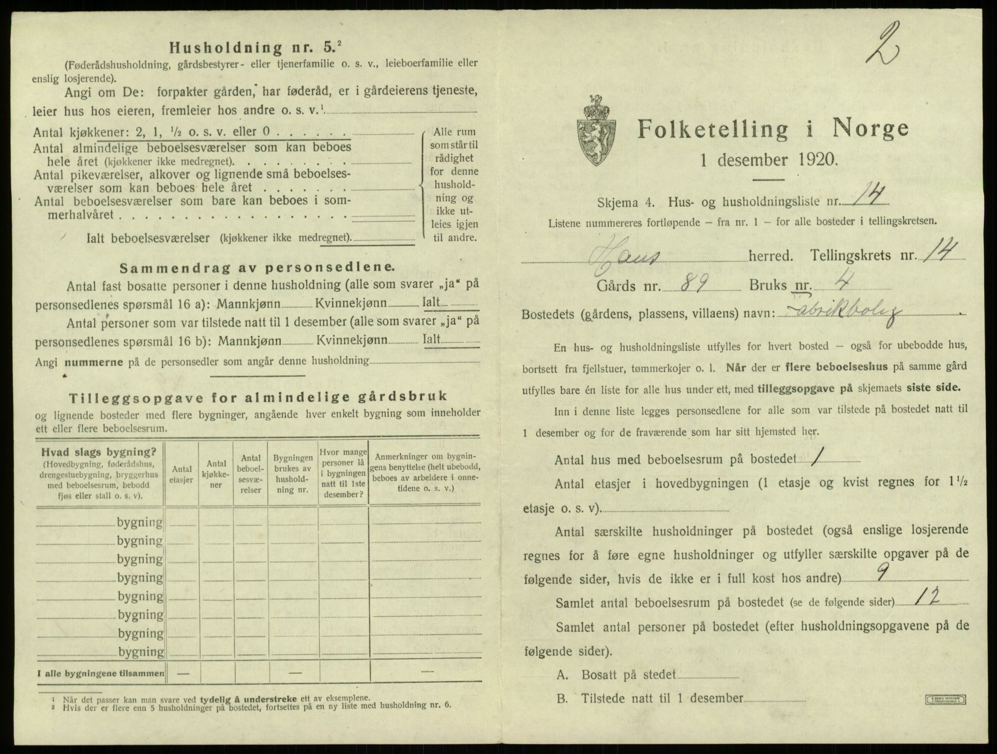 SAB, 1920 census for Haus, 1920, p. 1164