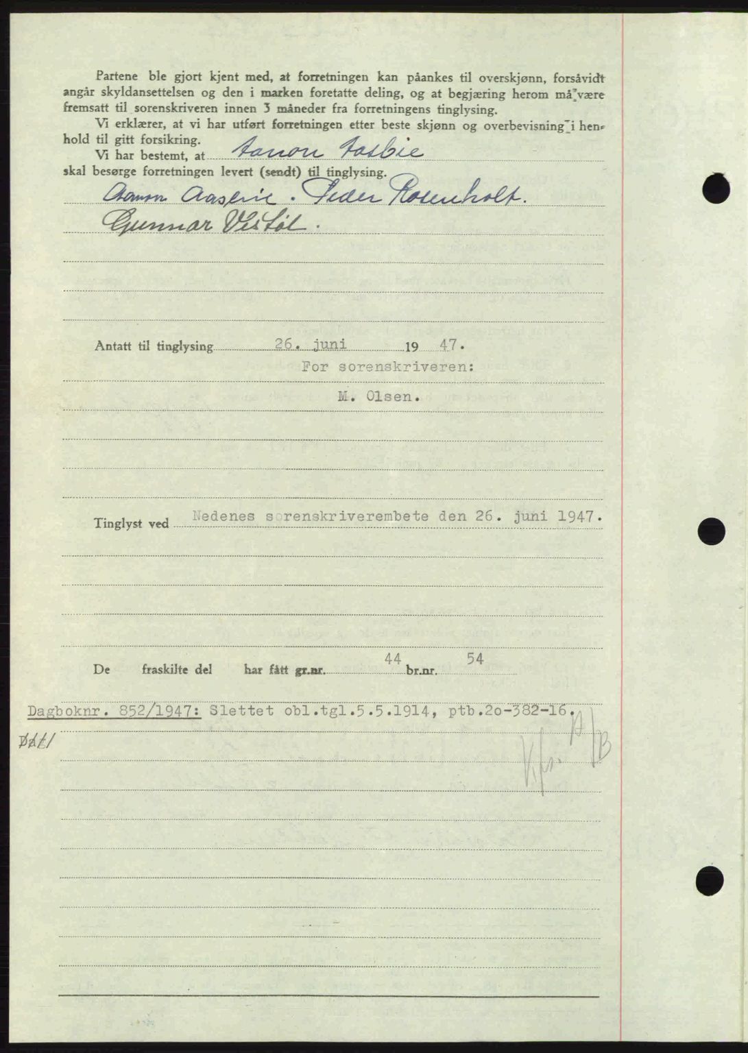 Nedenes sorenskriveri, AV/SAK-1221-0006/G/Gb/Gba/L0057: Mortgage book no. A9, 1947-1947, Diary no: : 851/1947