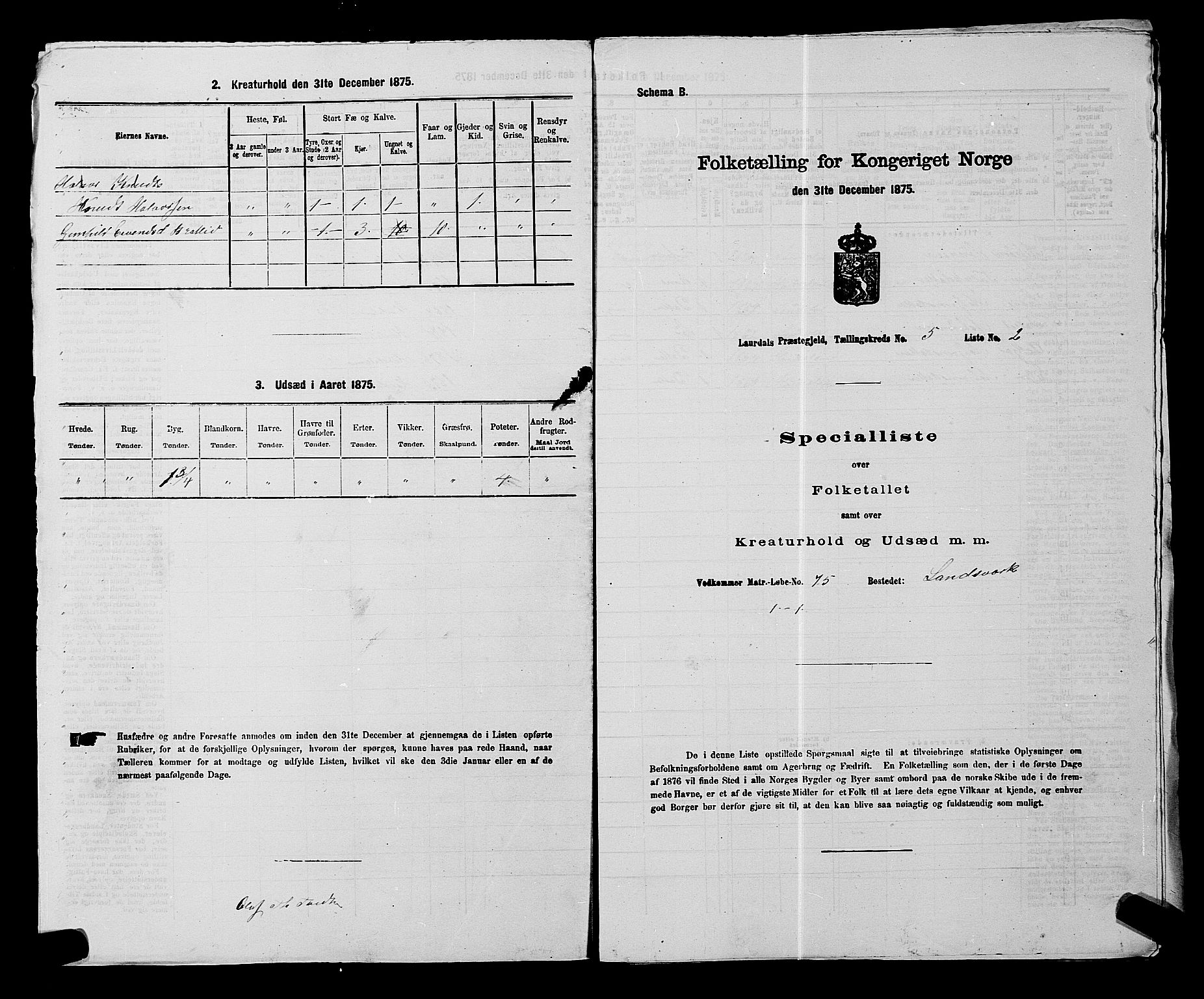 SAKO, 1875 census for 0833P Lårdal, 1875, p. 497