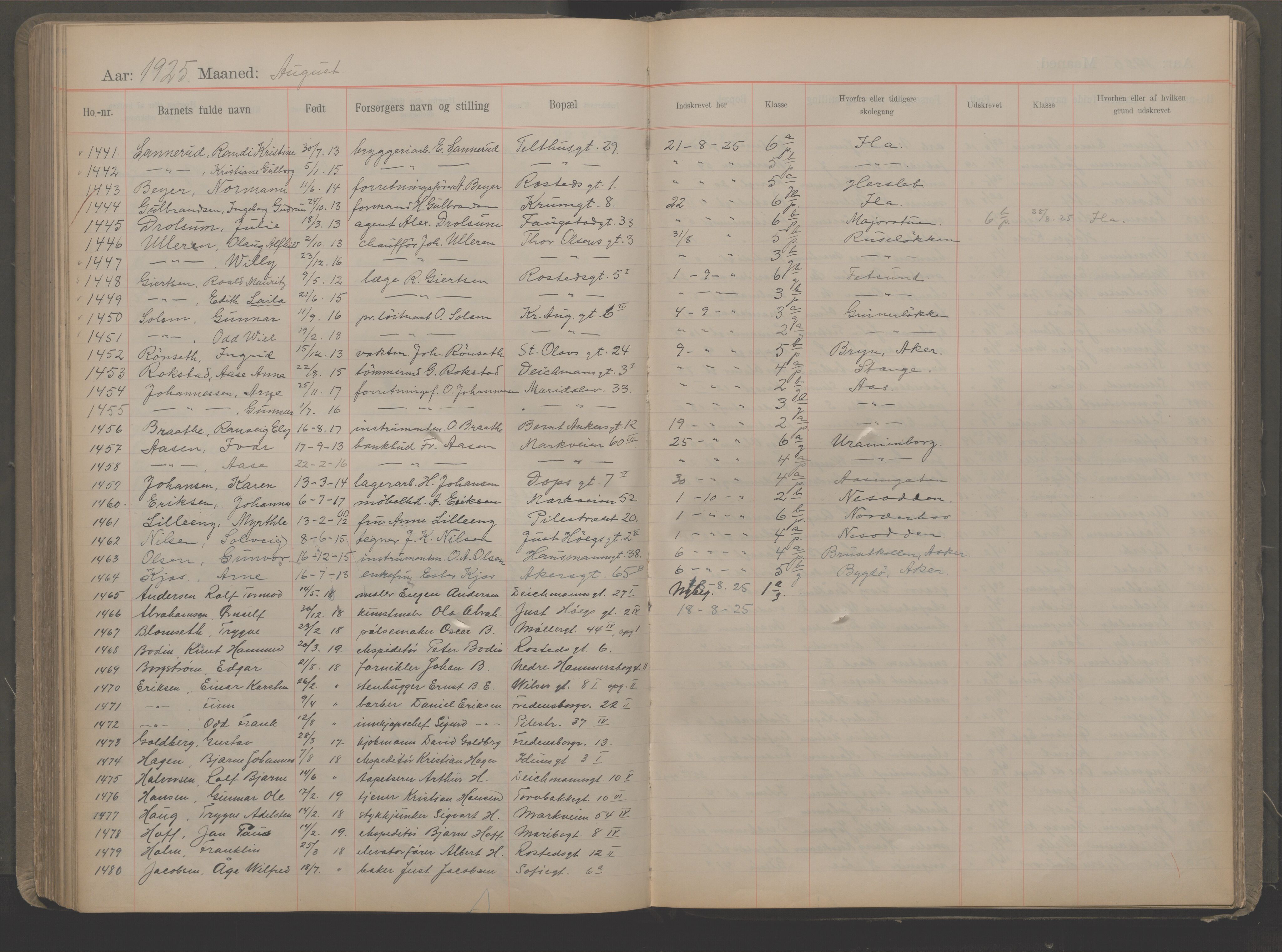 Møllergata skole, OBA/A-20129/F/Fa/L0002: Ut-/innskrivningsprotokoll, 1907-1932, p. 168