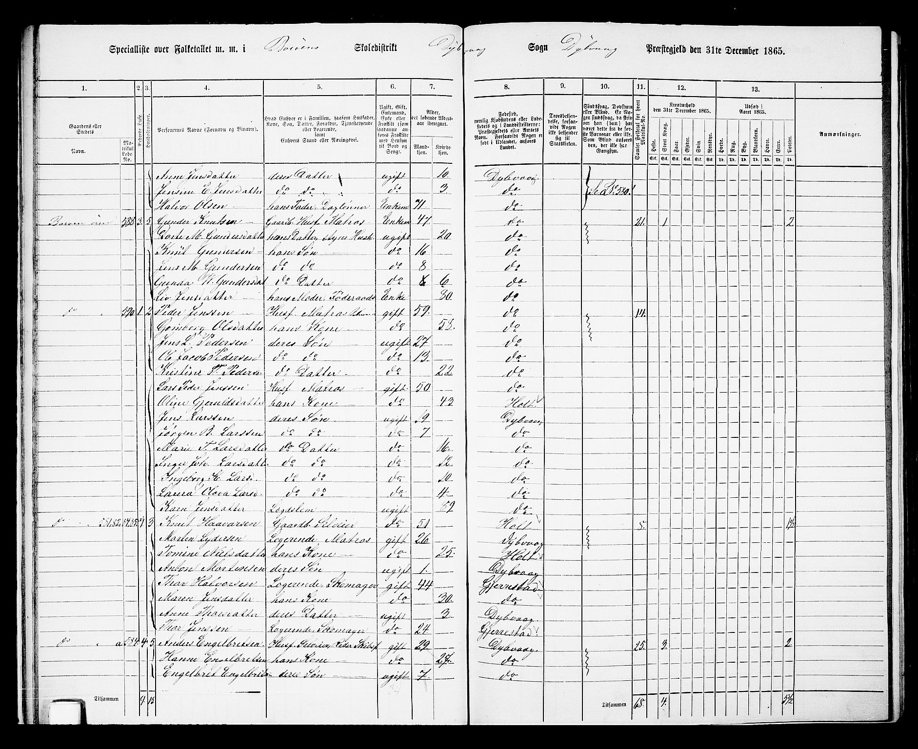 RA, 1865 census for Dypvåg, 1865, p. 22