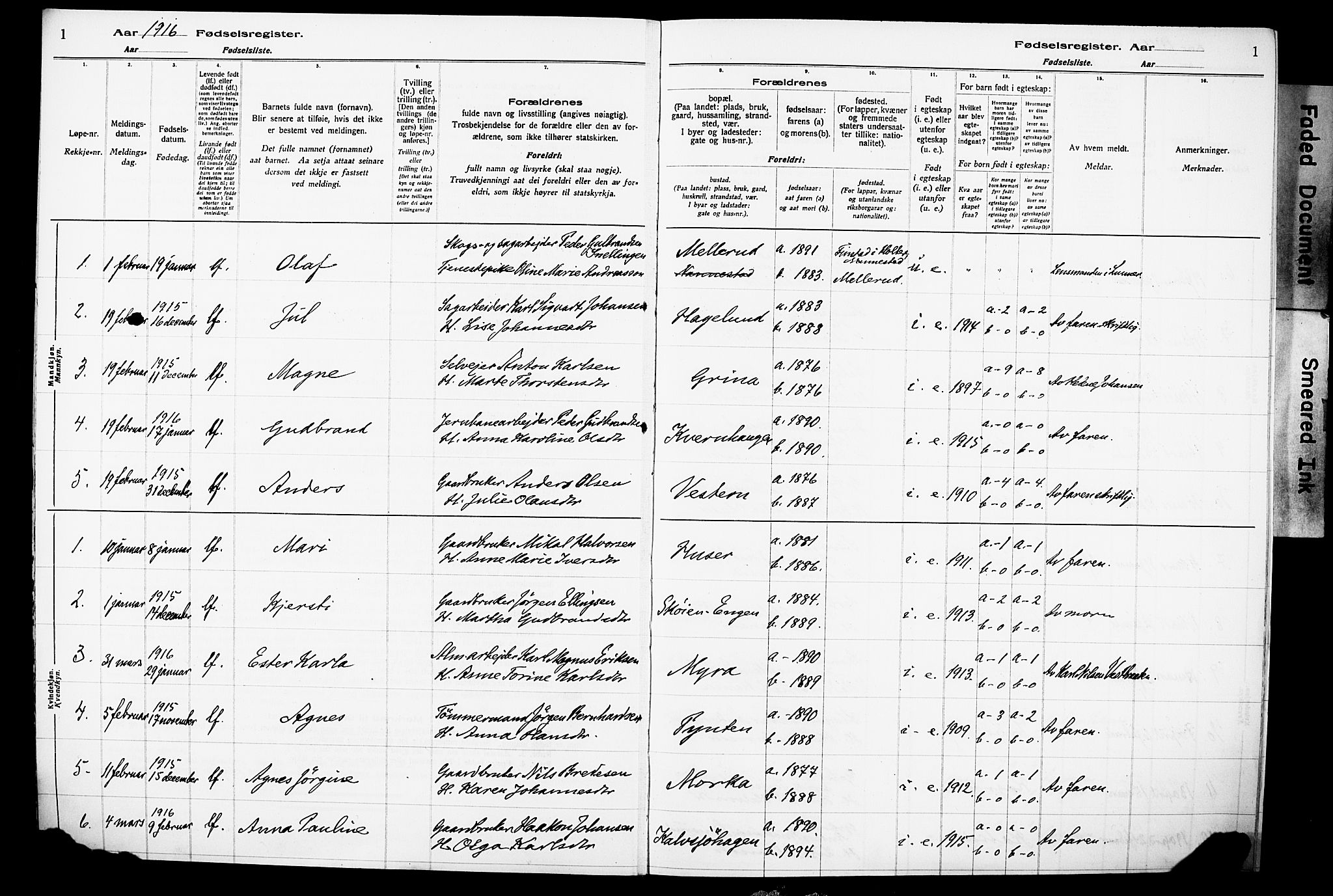 Lunner prestekontor, AV/SAH-PREST-118/I/Id/L0001: Birth register no. 1, 1916-1932, p. 1