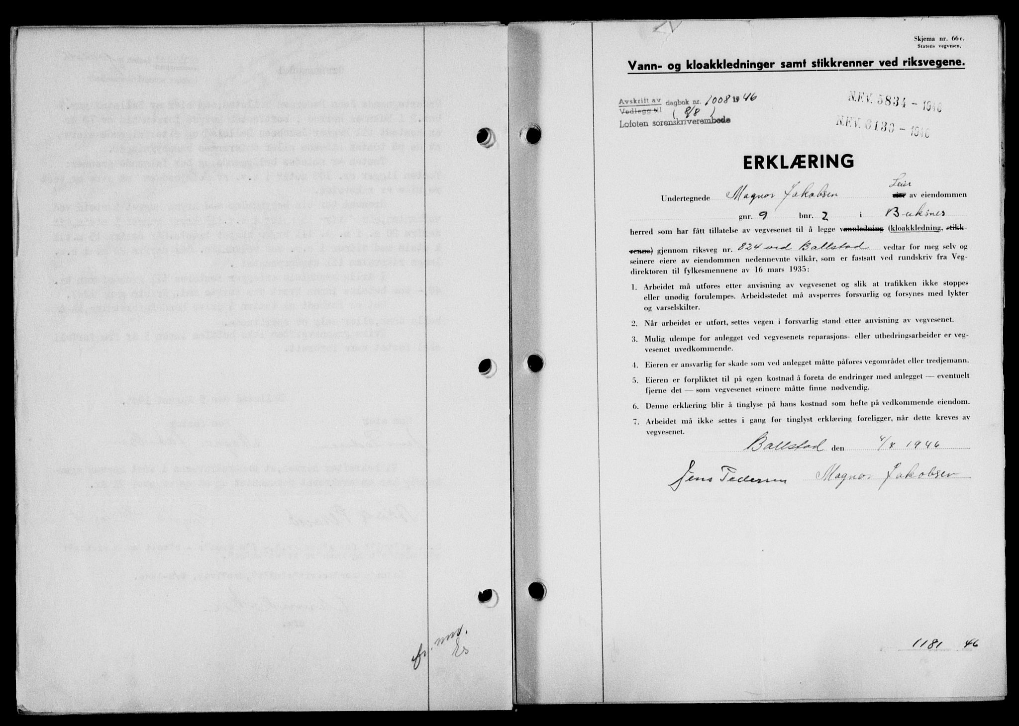 Lofoten sorenskriveri, SAT/A-0017/1/2/2C/L0014a: Mortgage book no. 14a, 1946-1946, Diary no: : 1008/1946