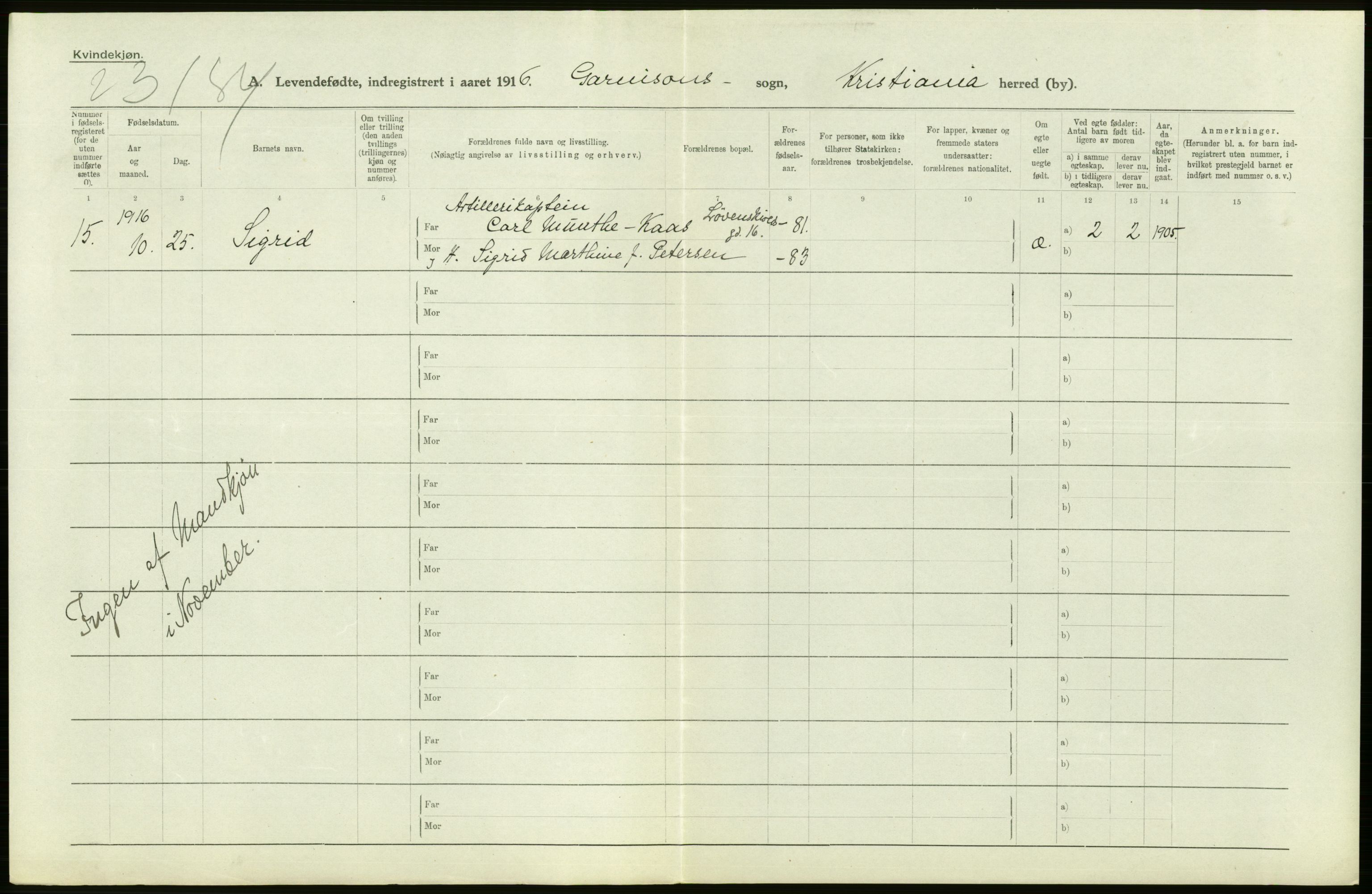 Statistisk sentralbyrå, Sosiodemografiske emner, Befolkning, AV/RA-S-2228/D/Df/Dfb/Dfbf/L0007: Kristiania: Levendefødte menn og kvinner., 1916, p. 480