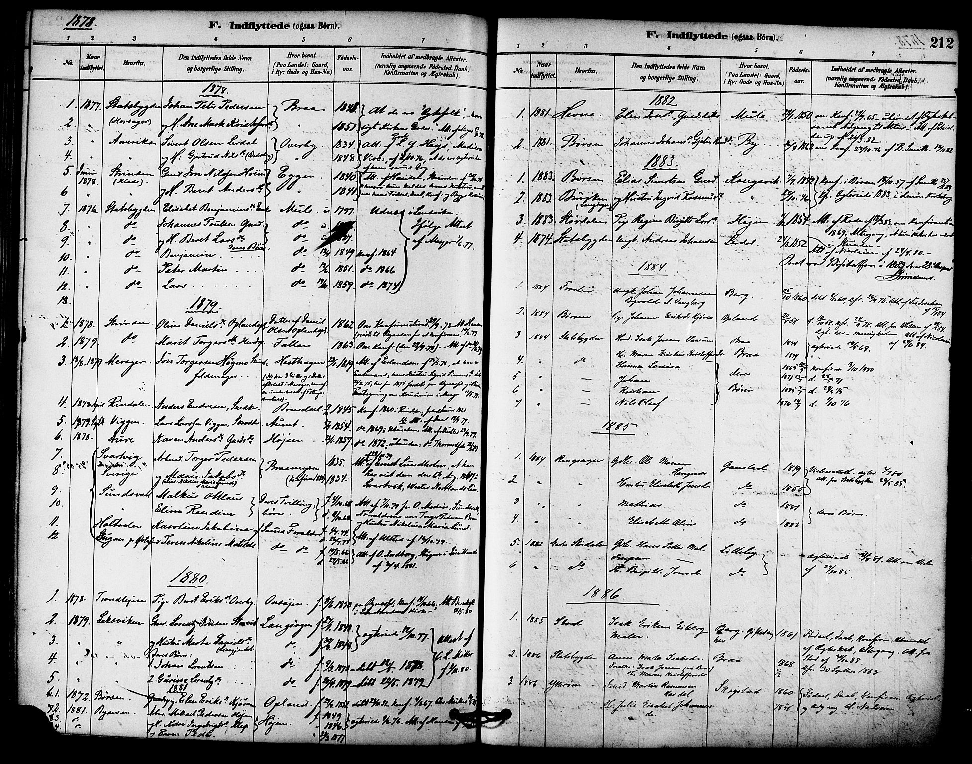 Ministerialprotokoller, klokkerbøker og fødselsregistre - Sør-Trøndelag, SAT/A-1456/612/L0378: Parish register (official) no. 612A10, 1878-1897, p. 212