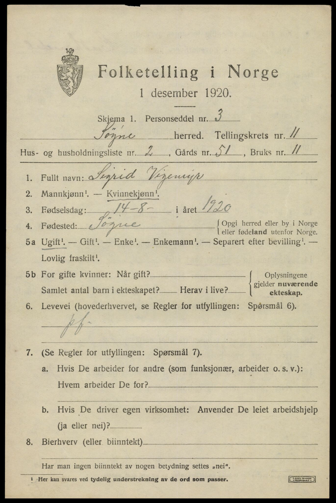 SAK, 1920 census for Søgne, 1920, p. 5637