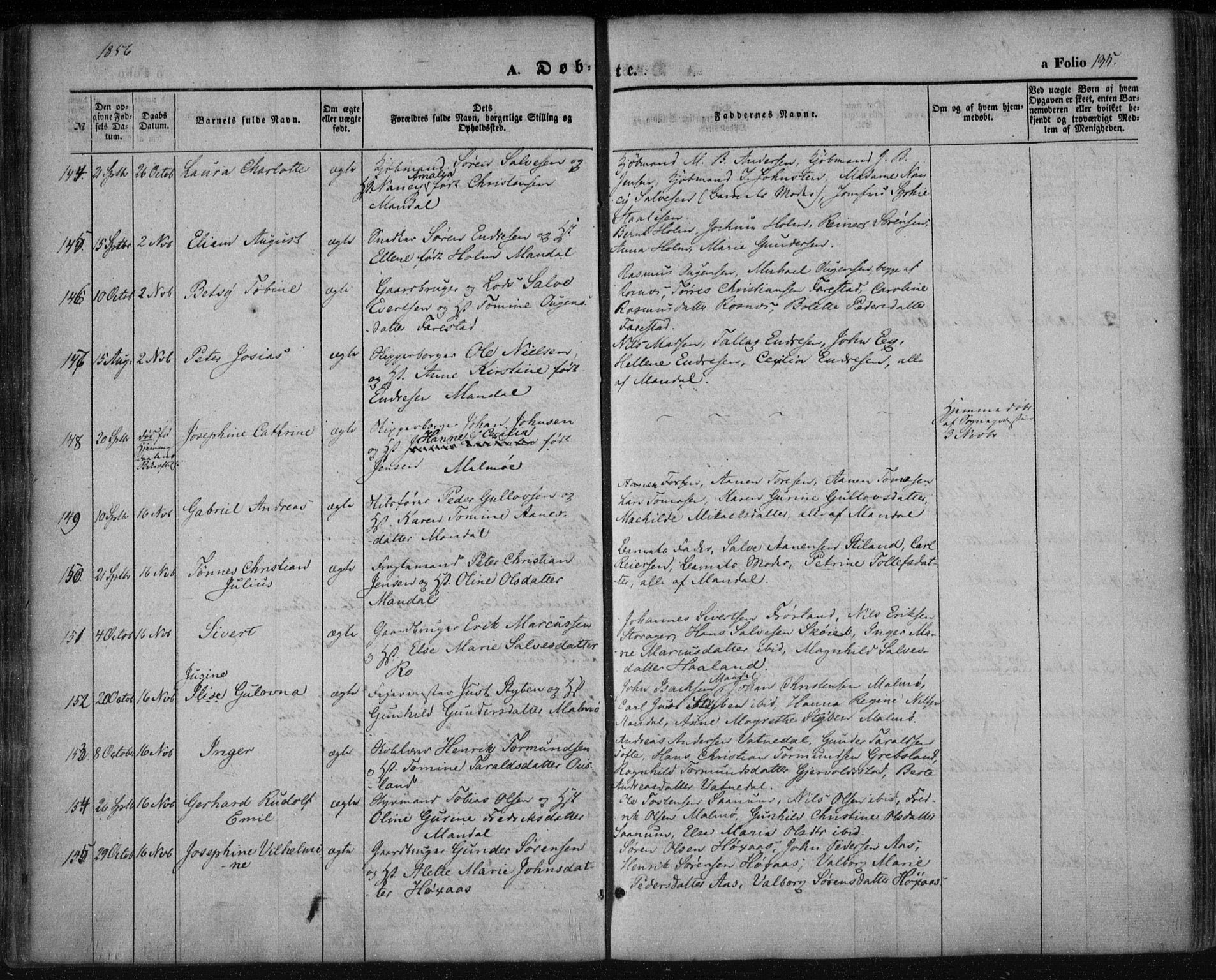 Mandal sokneprestkontor, SAK/1111-0030/F/Fa/Faa/L0013: Parish register (official) no. A 13, 1847-1859, p. 135