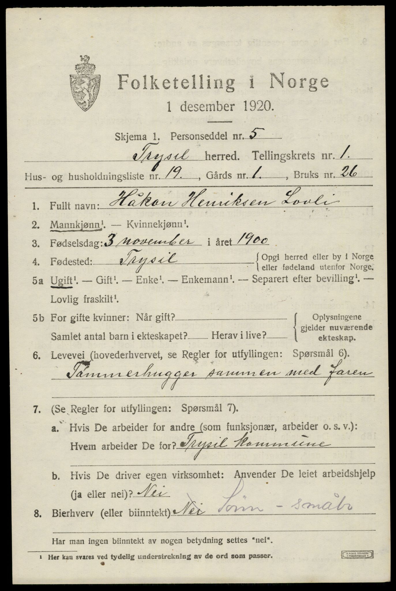 SAH, 1920 census for Trysil, 1920, p. 2783