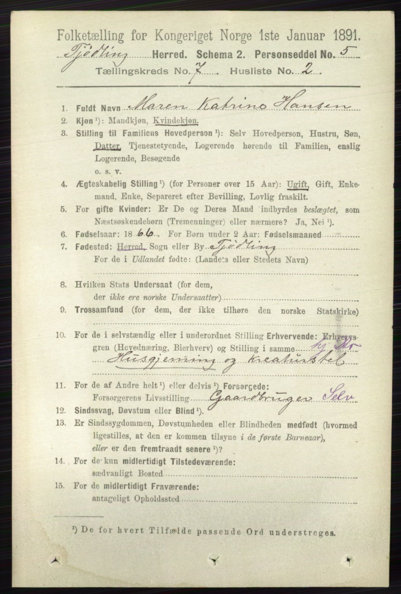 RA, 1891 census for 0725 Tjølling, 1891, p. 3678