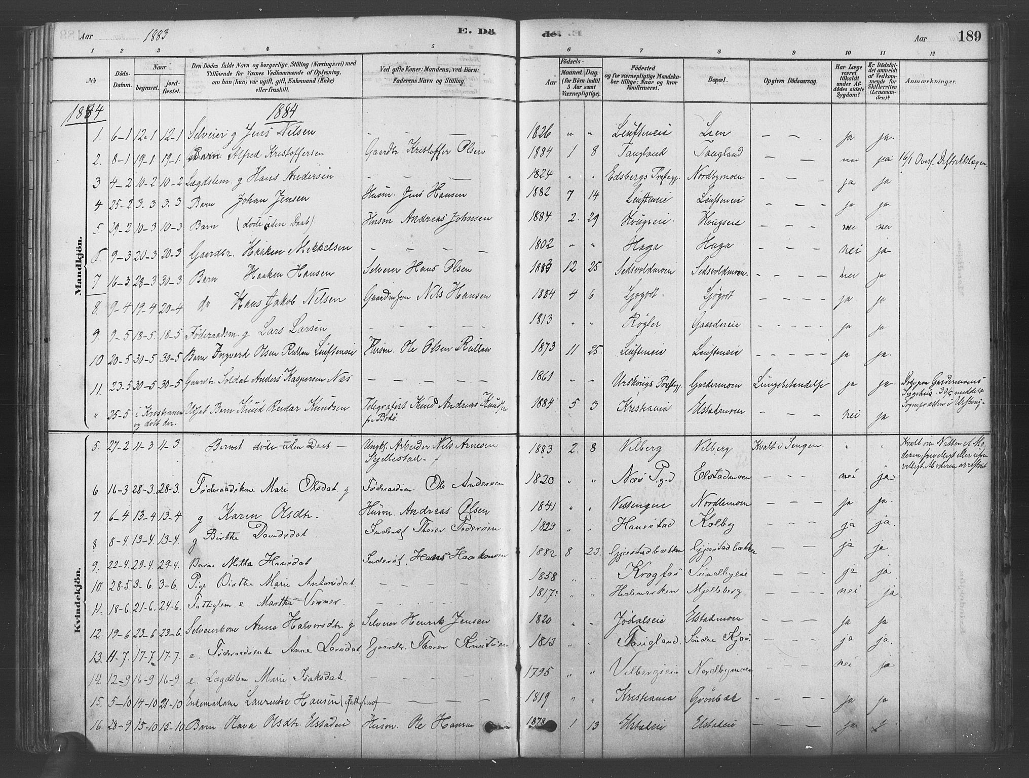 Ullensaker prestekontor Kirkebøker, SAO/A-10236a/F/Fb/L0001: Parish register (official) no. II 1, 1878-1893, p. 189