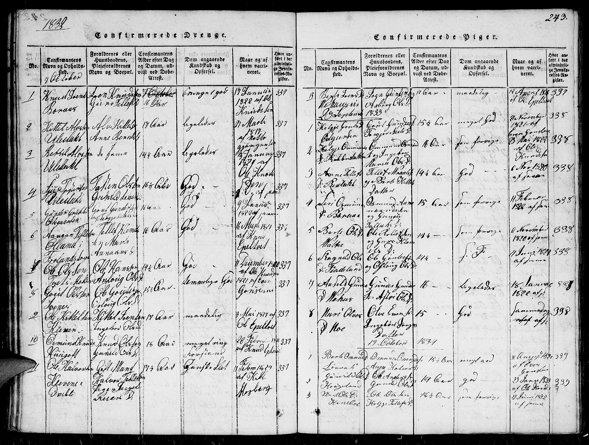 Herefoss sokneprestkontor, AV/SAK-1111-0019/F/Fb/Fbc/L0001: Parish register (copy) no. B 1, 1816-1866, p. 243