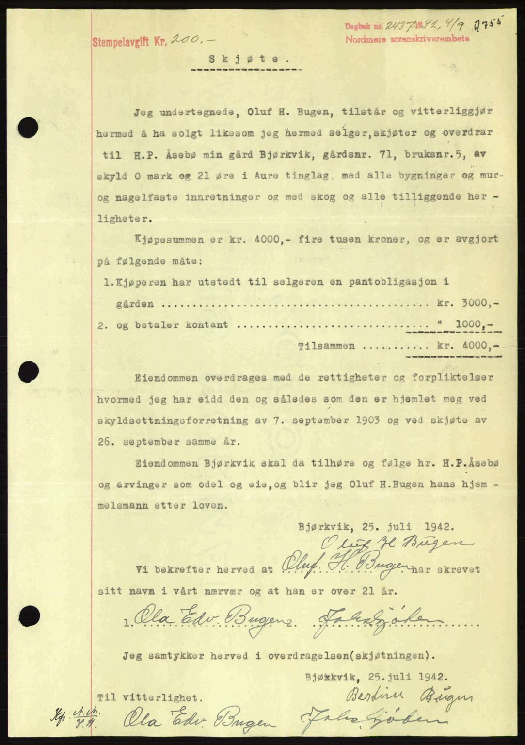 Nordmøre sorenskriveri, AV/SAT-A-4132/1/2/2Ca: Mortgage book no. A93, 1942-1942, Diary no: : 2437/1942