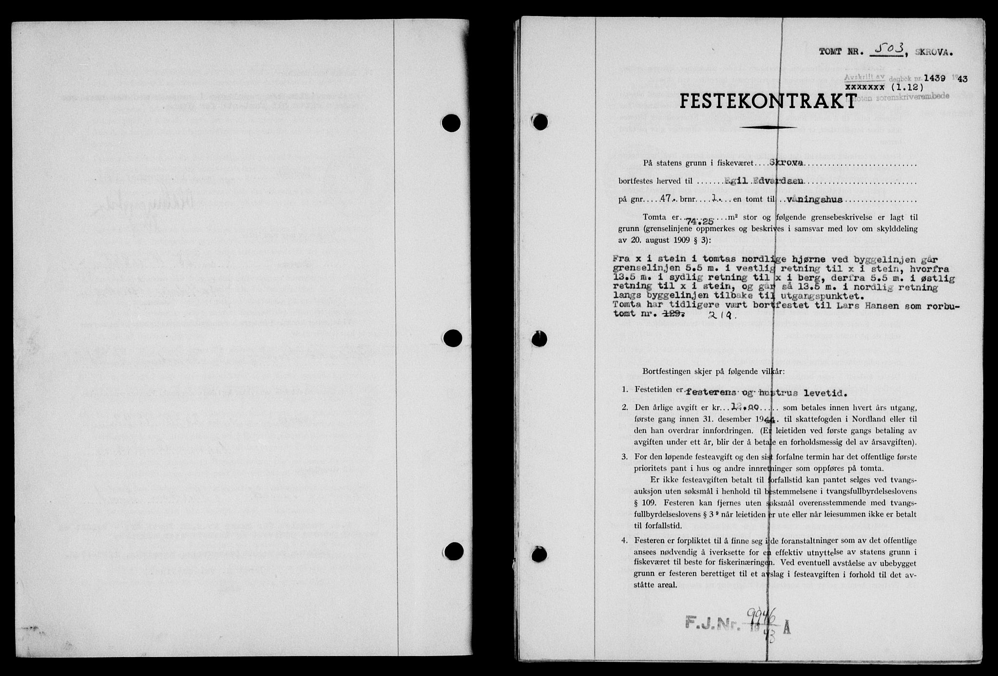 Lofoten sorenskriveri, SAT/A-0017/1/2/2C/L0012a: Mortgage book no. 12a, 1943-1944, Diary no: : 1439/1943