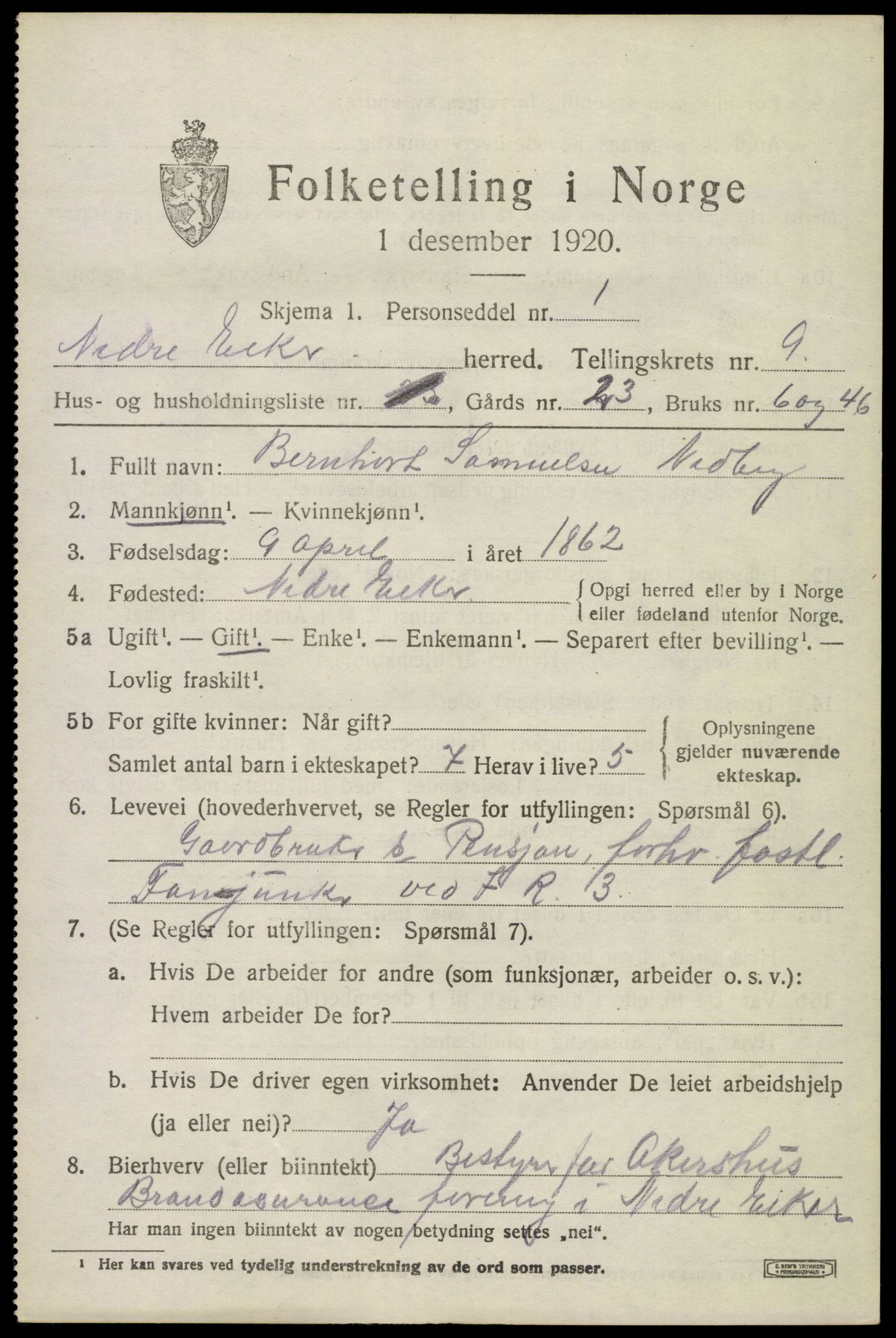 SAKO, 1920 census for Nedre Eiker, 1920, p. 9257