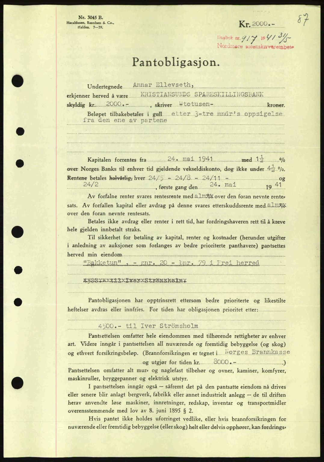 Nordmøre sorenskriveri, AV/SAT-A-4132/1/2/2Ca: Mortgage book no. B88, 1941-1942, Diary no: : 917/1941