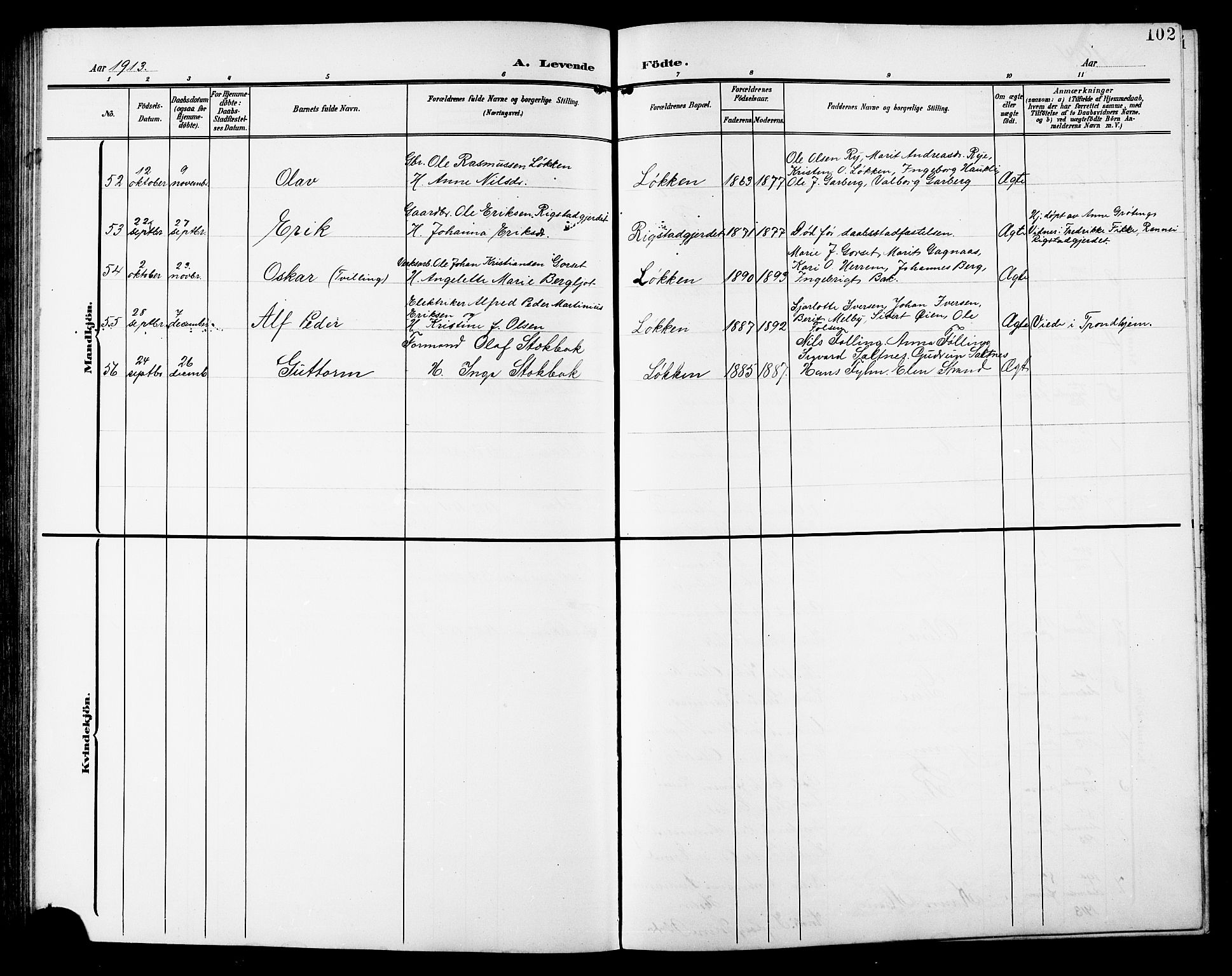 Ministerialprotokoller, klokkerbøker og fødselsregistre - Sør-Trøndelag, AV/SAT-A-1456/672/L0864: Parish register (copy) no. 672C03, 1902-1914, p. 102