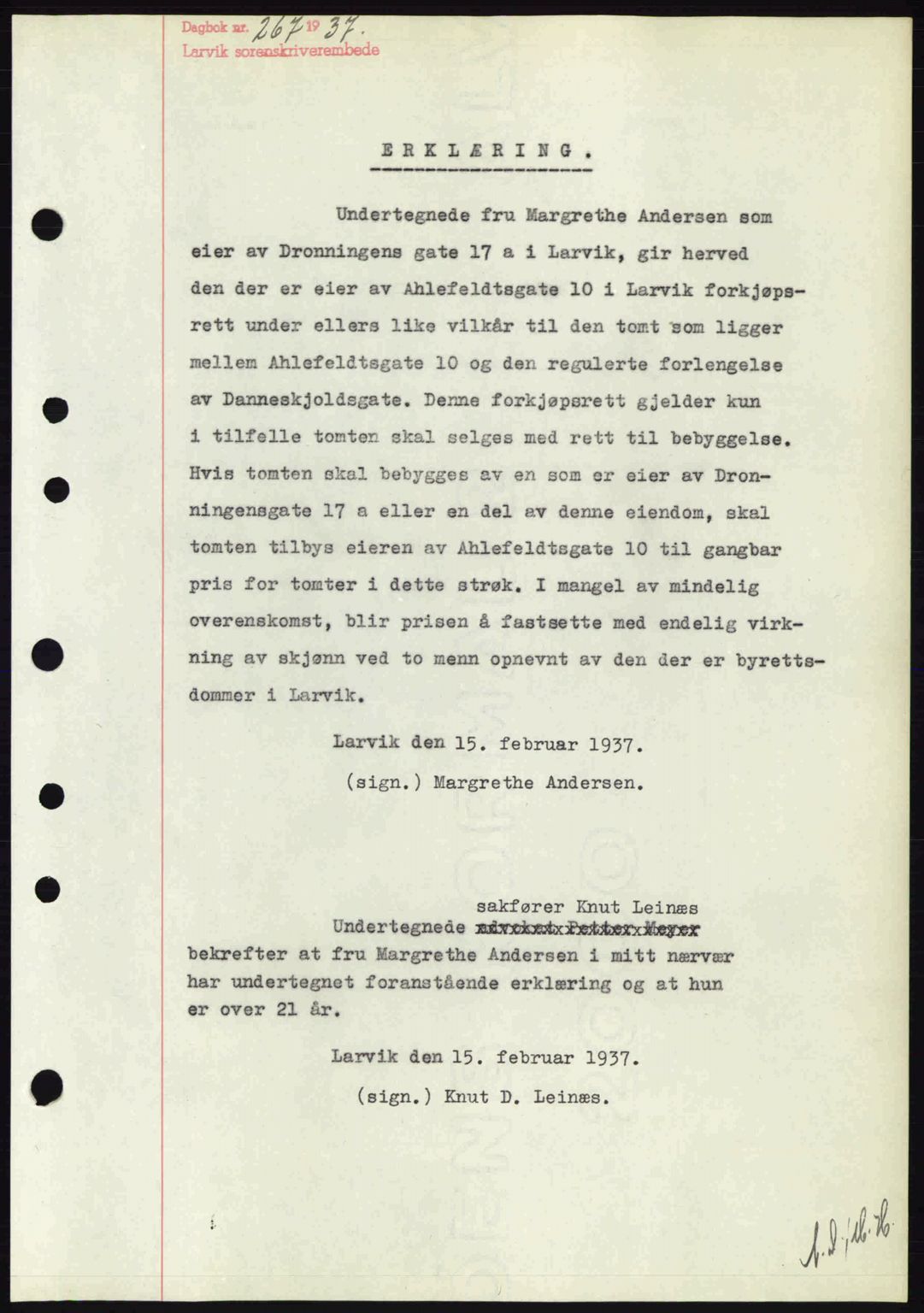 Larvik sorenskriveri, SAKO/A-83/G/Ga/Gab/L0067: Mortgage book no. A-1, 1936-1937, Diary no: : 267/1937