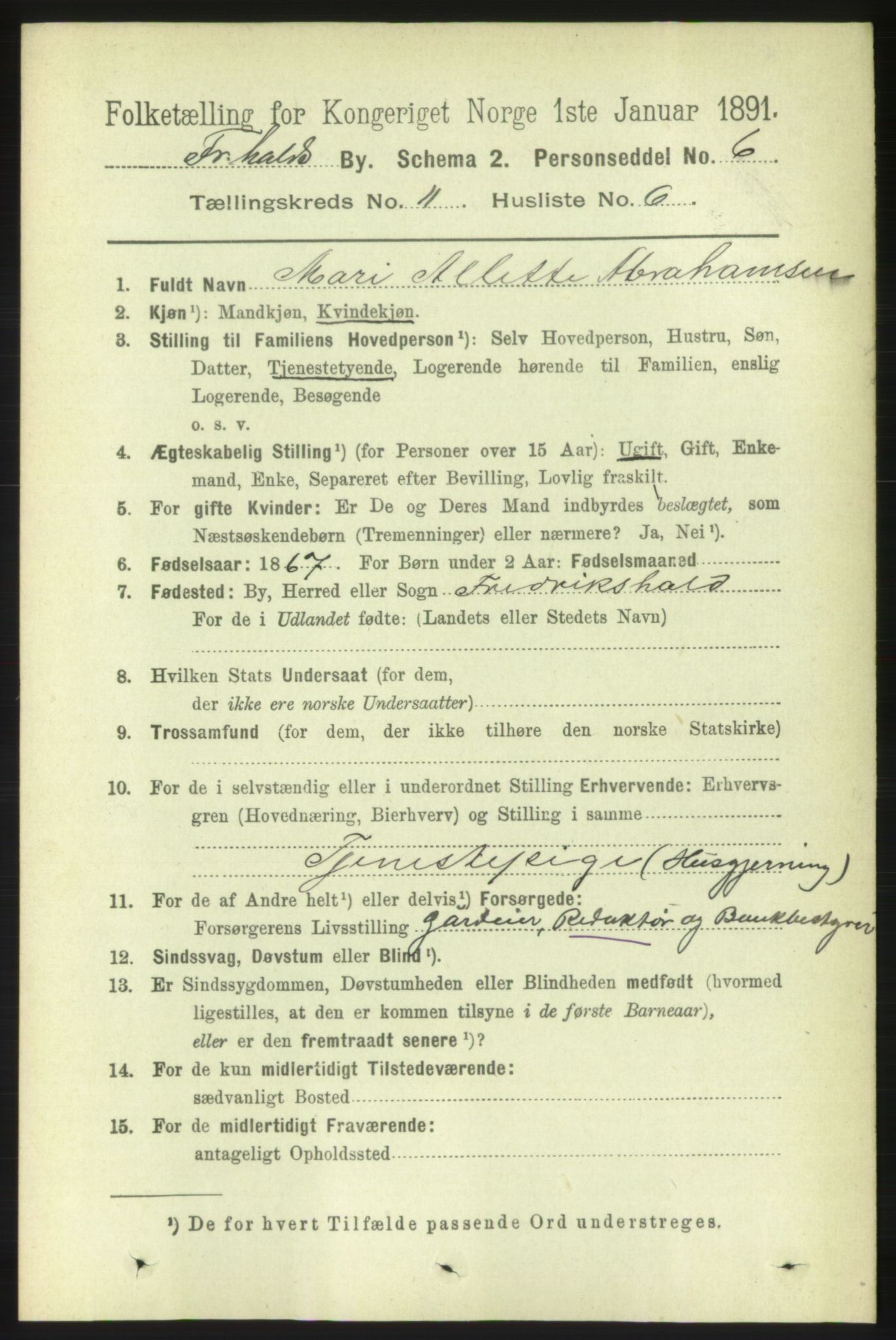 RA, 1891 census for 0101 Fredrikshald, 1891, p. 7698