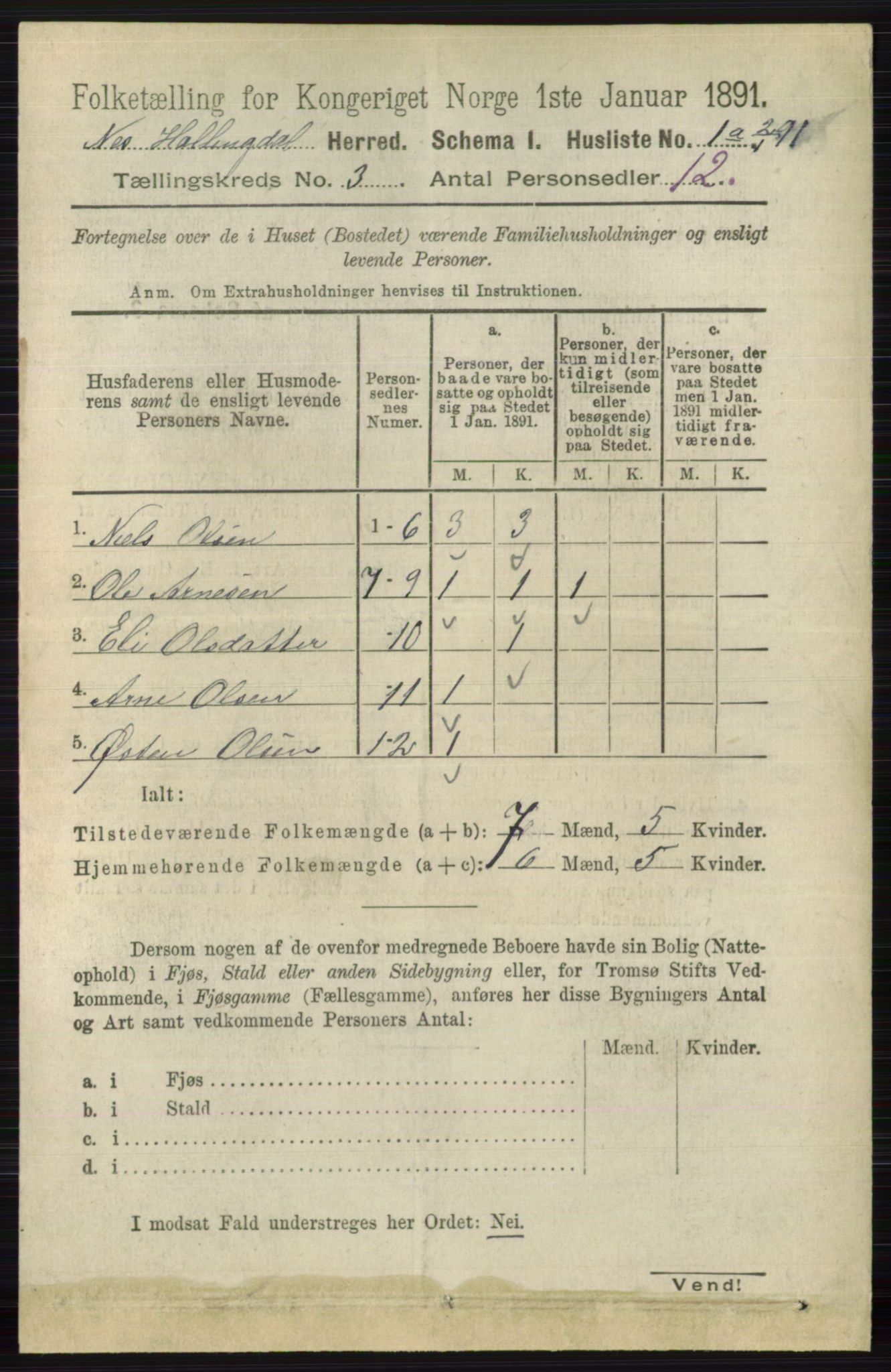 RA, 1891 census for 0616 Nes, 1891, p. 1399