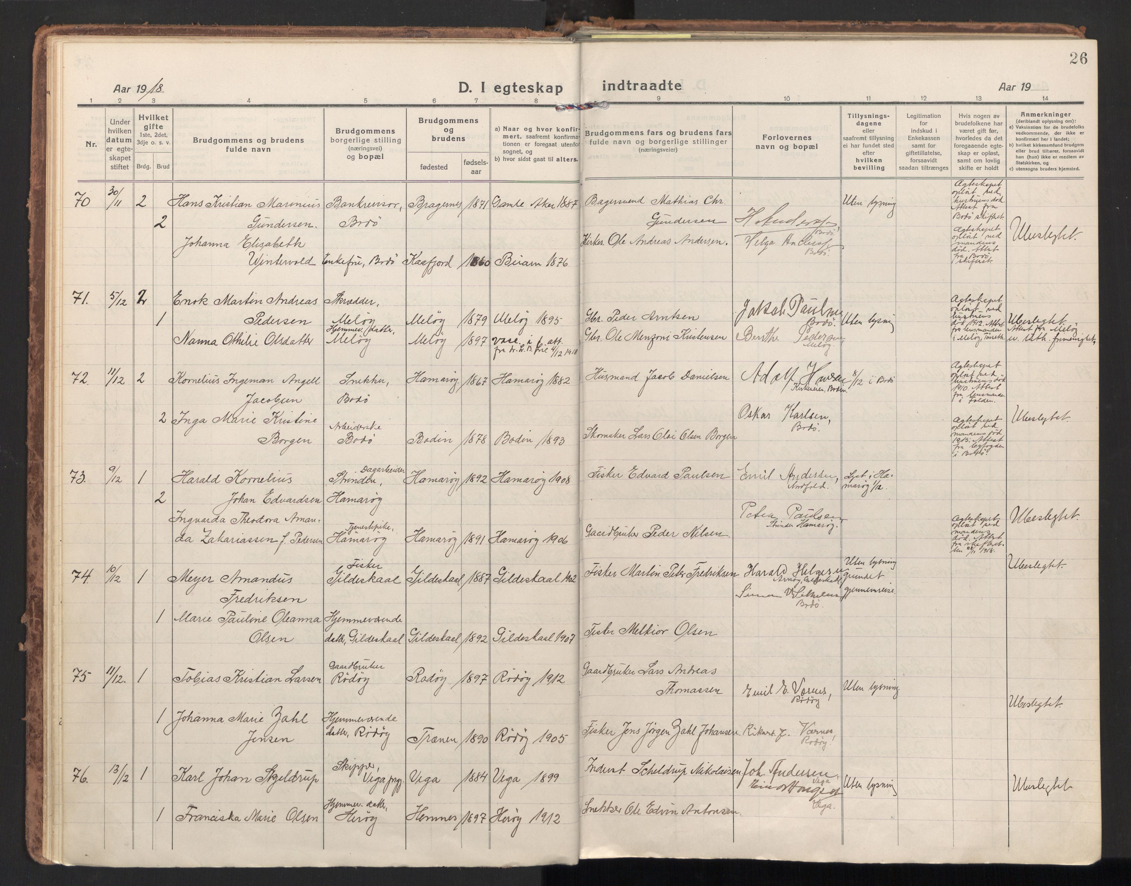 Ministerialprotokoller, klokkerbøker og fødselsregistre - Nordland, AV/SAT-A-1459/801/L0018: Parish register (official) no. 801A18, 1916-1930, p. 26