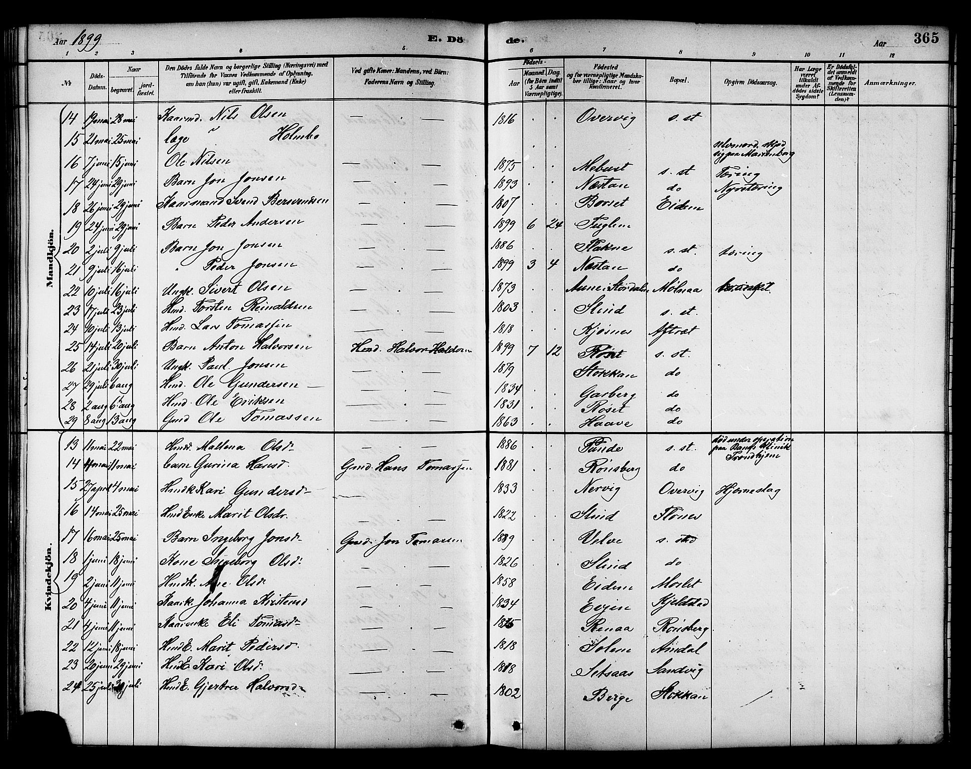 Ministerialprotokoller, klokkerbøker og fødselsregistre - Sør-Trøndelag, SAT/A-1456/695/L1157: Parish register (copy) no. 695C08, 1889-1913, p. 365