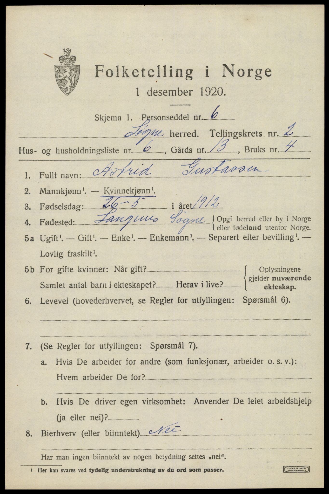 SAK, 1920 census for Søgne, 1920, p. 1503