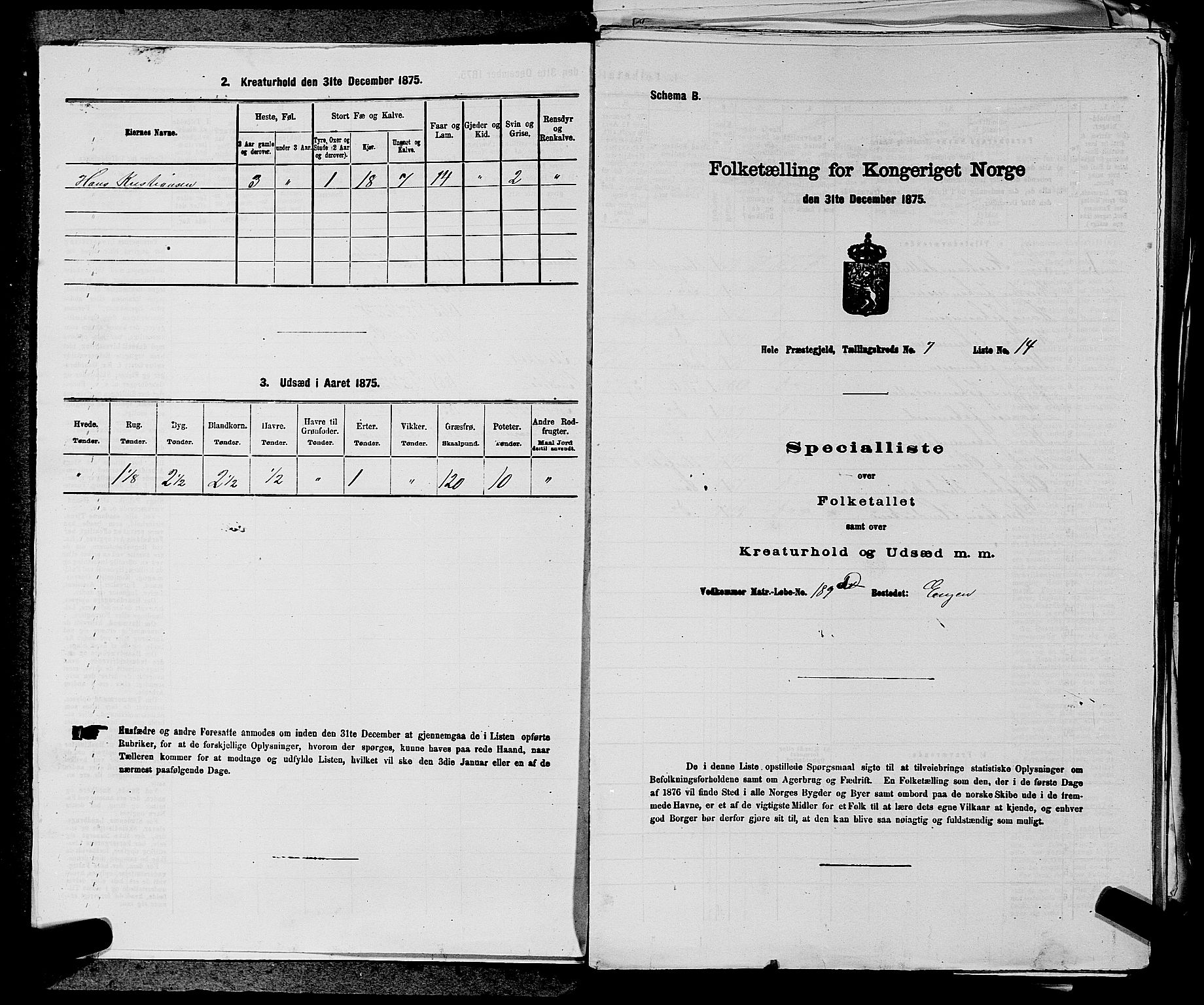 SAKO, 1875 census for 0612P Hole, 1875, p. 1160