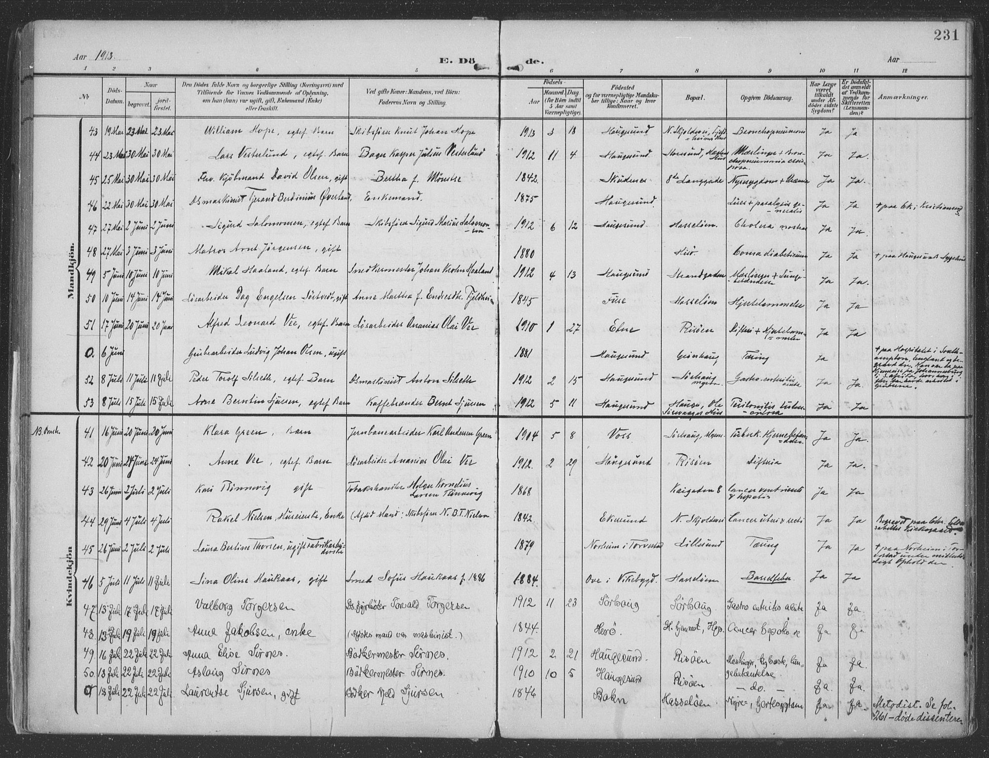 Haugesund sokneprestkontor, AV/SAST-A -101863/H/Ha/Haa/L0007: Parish register (official) no. A 7, 1904-1916, p. 231