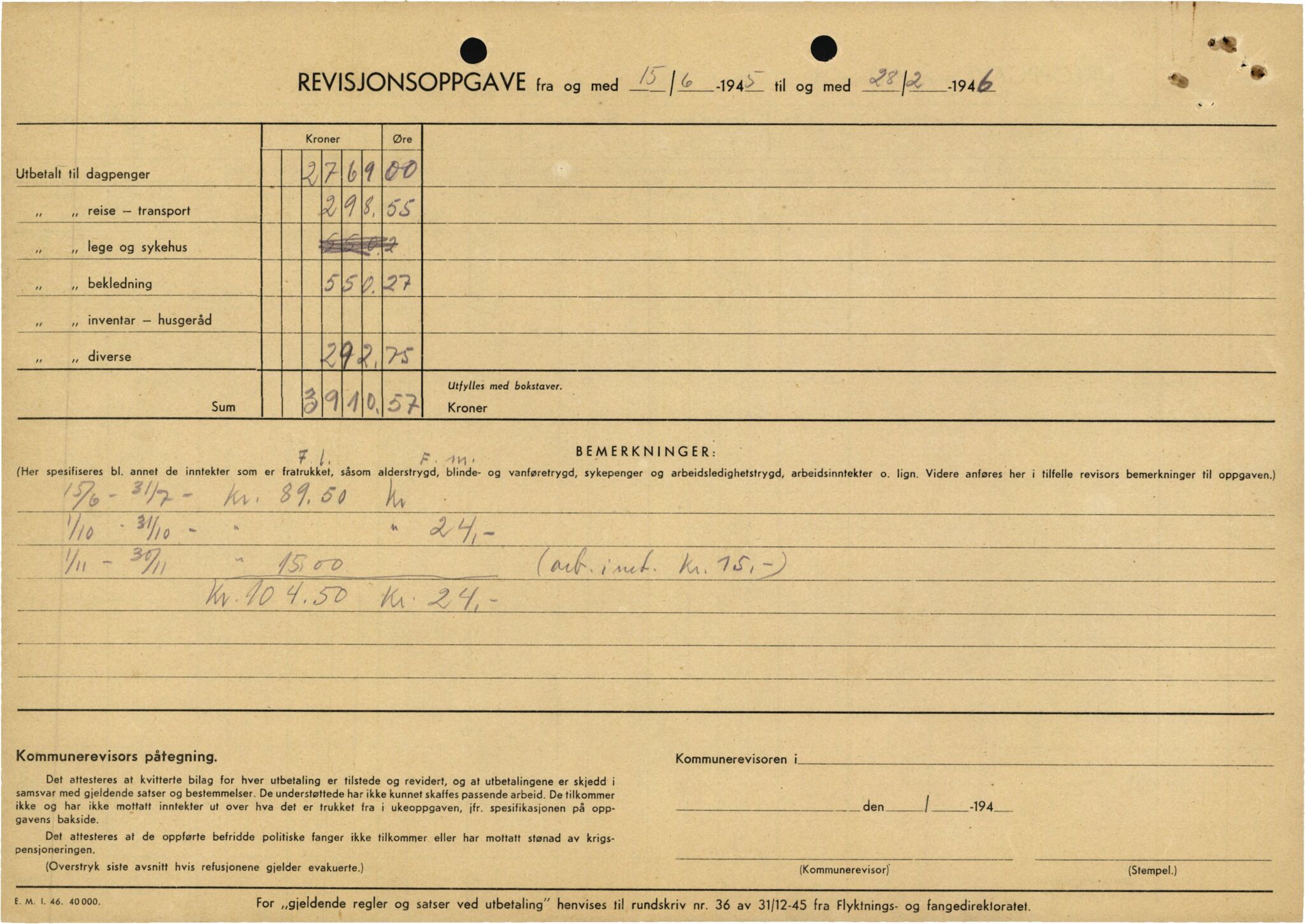 Stord kommune. Formannskapet, IKAH/1221-021/E/Ea/L0003/0007: Emneordna korrespondanse / Stønad til evakuerte , 1945-1946, p. 15