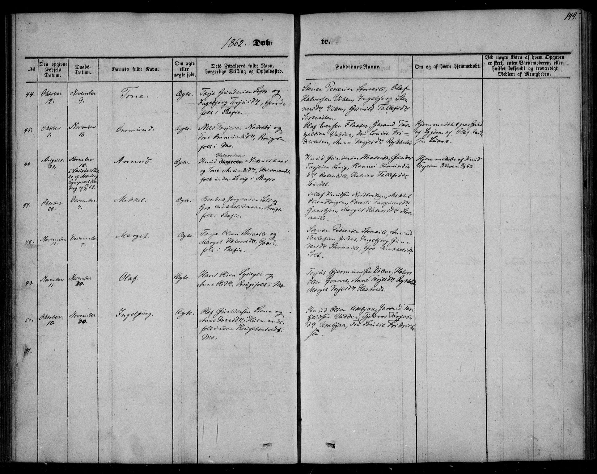 Mo kirkebøker, AV/SAKO-A-286/F/Fa/L0005: Parish register (official) no. I 5, 1844-1864, p. 144