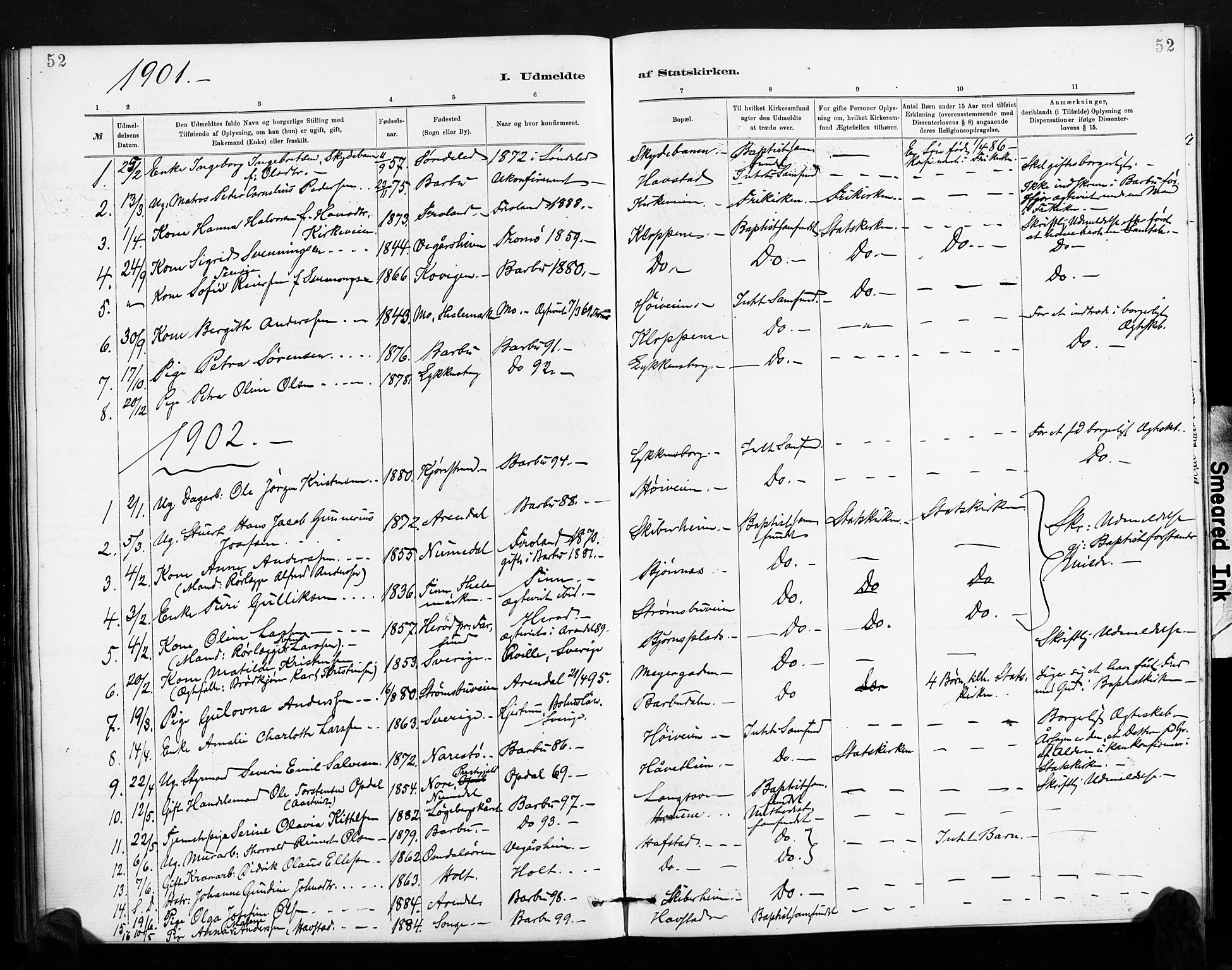 Barbu sokneprestkontor, AV/SAK-1111-0003/F/Fa/L0004: Parish register (official) no. A 4, 1883-1909, p. 52