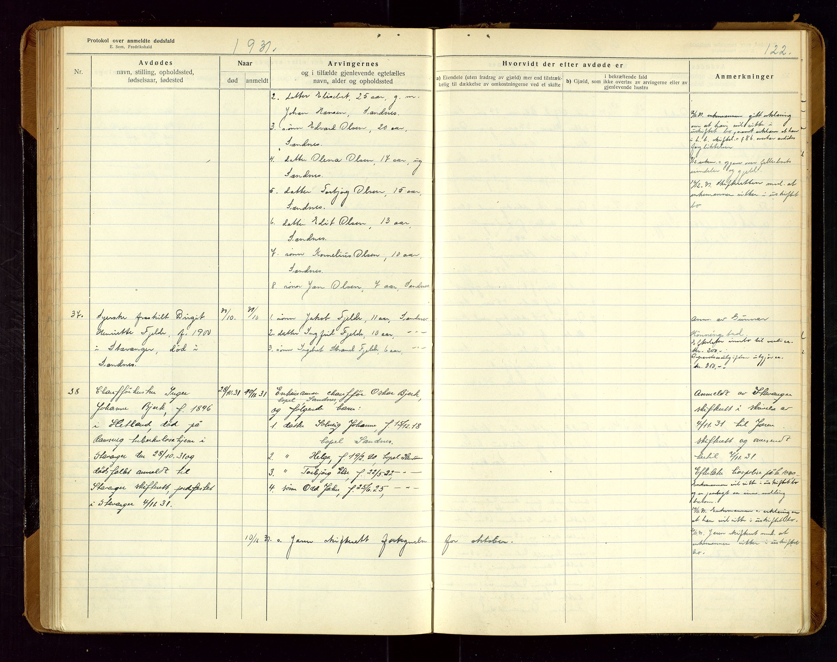 Sandnes lensmannskontor, SAST/A-100167/Gga/L0001: "Protokol over anmeldte dødsfald" m/register, 1918-1940, p. 122