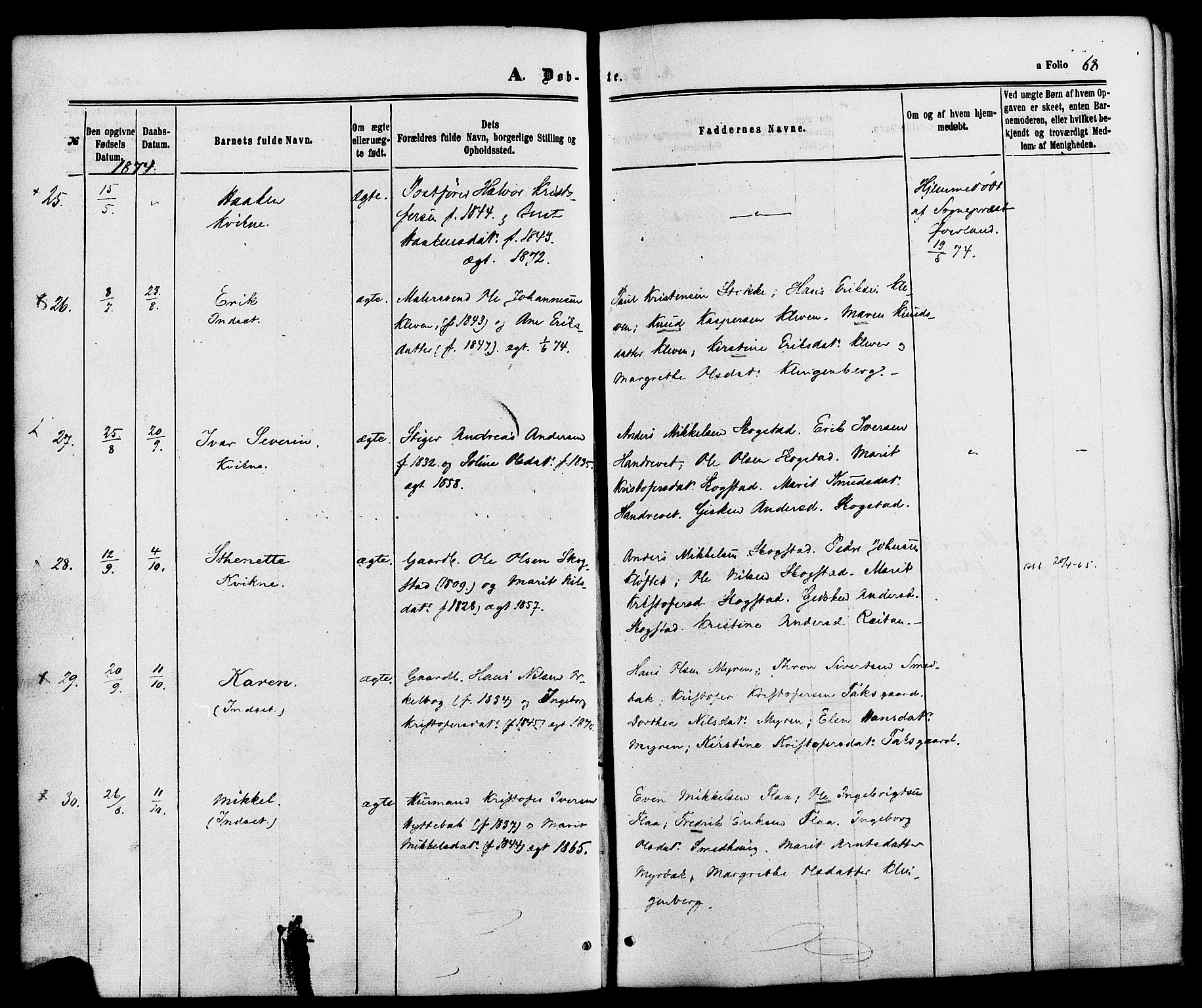 Kvikne prestekontor, AV/SAH-PREST-064/H/Ha/Haa/L0006: Parish register (official) no. 6, 1863-1886, p. 68