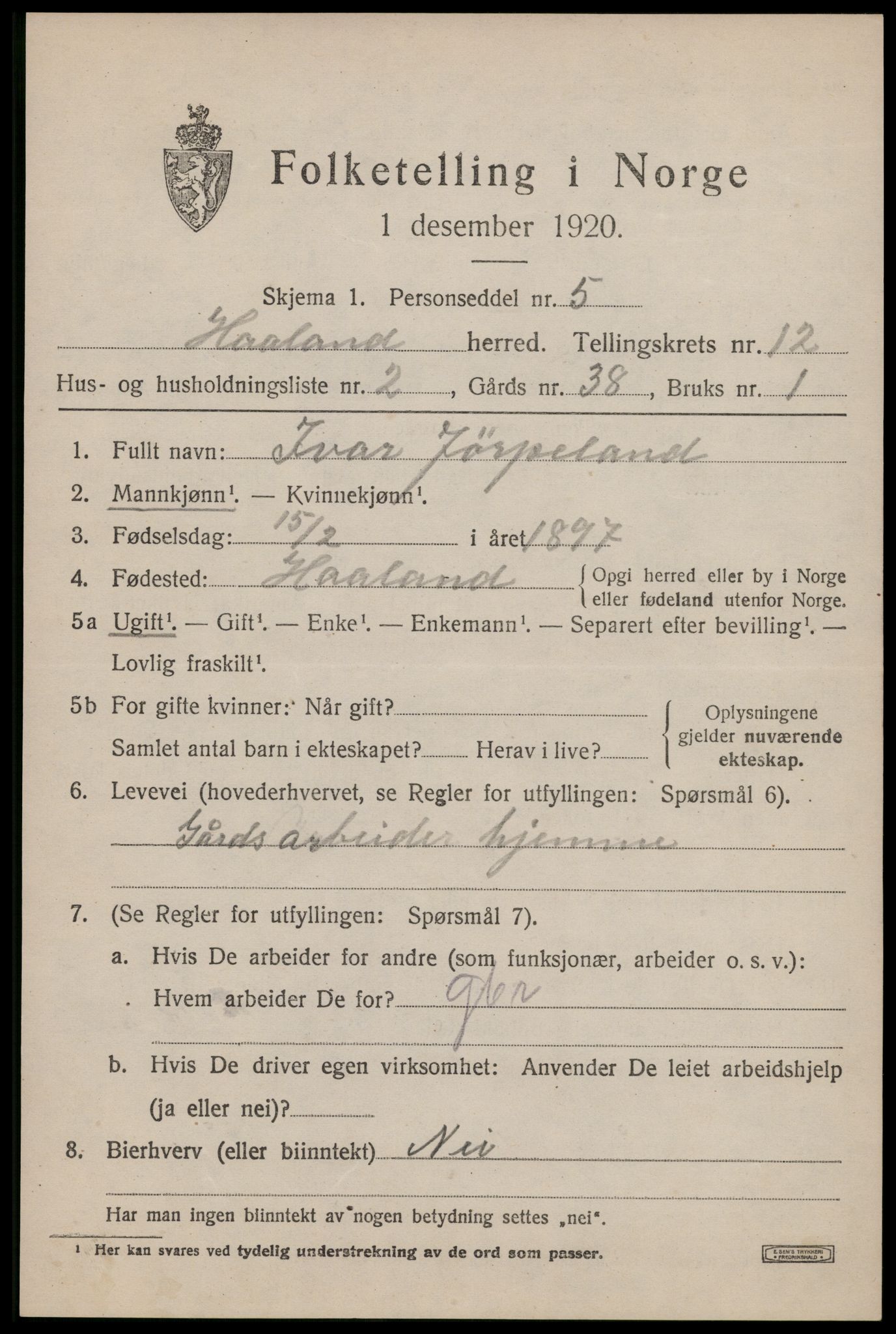 SAST, 1920 census for Håland, 1920, p. 8783