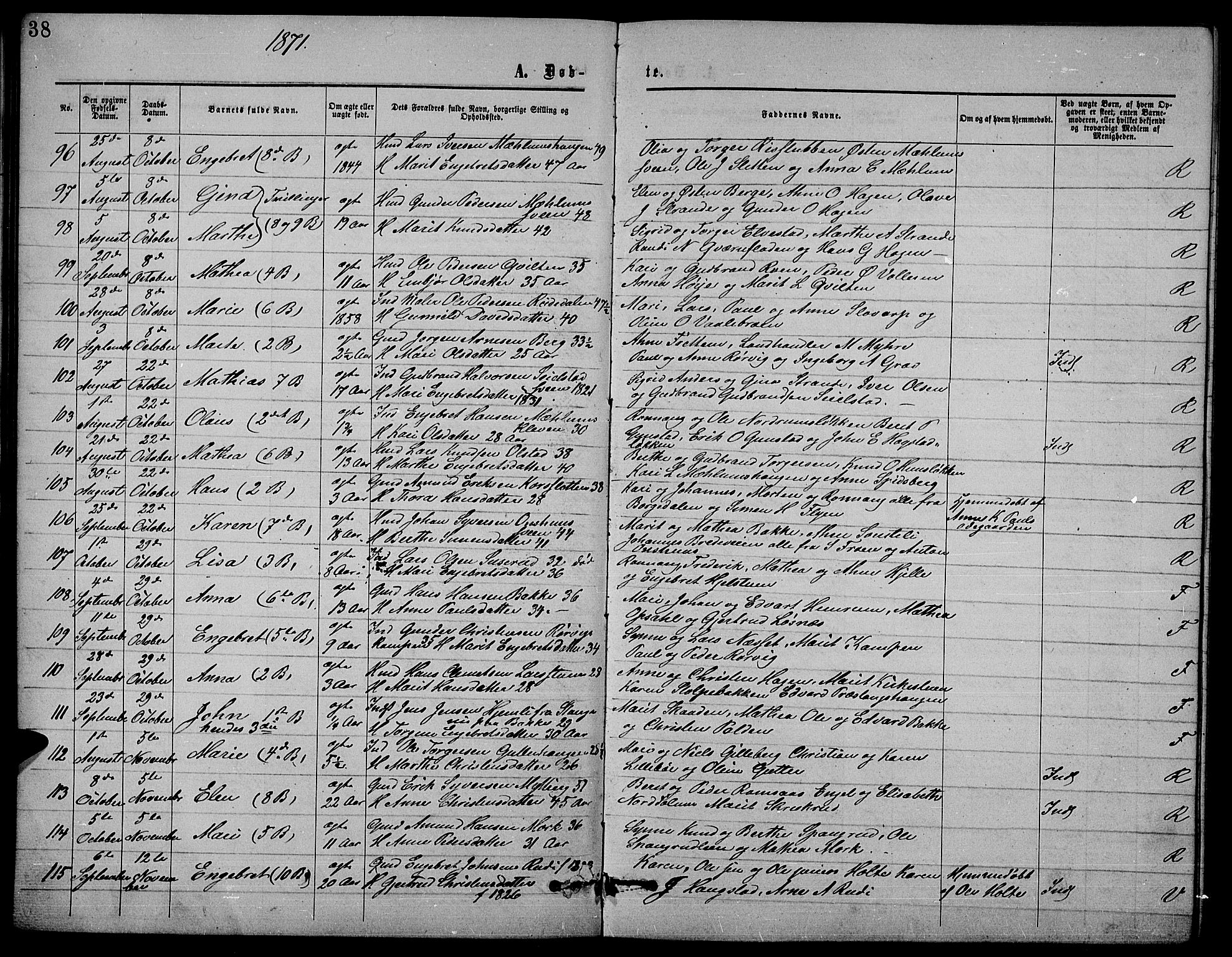 Ringebu prestekontor, SAH/PREST-082/H/Ha/Hab/L0004: Parish register (copy) no. 4, 1867-1879, p. 38