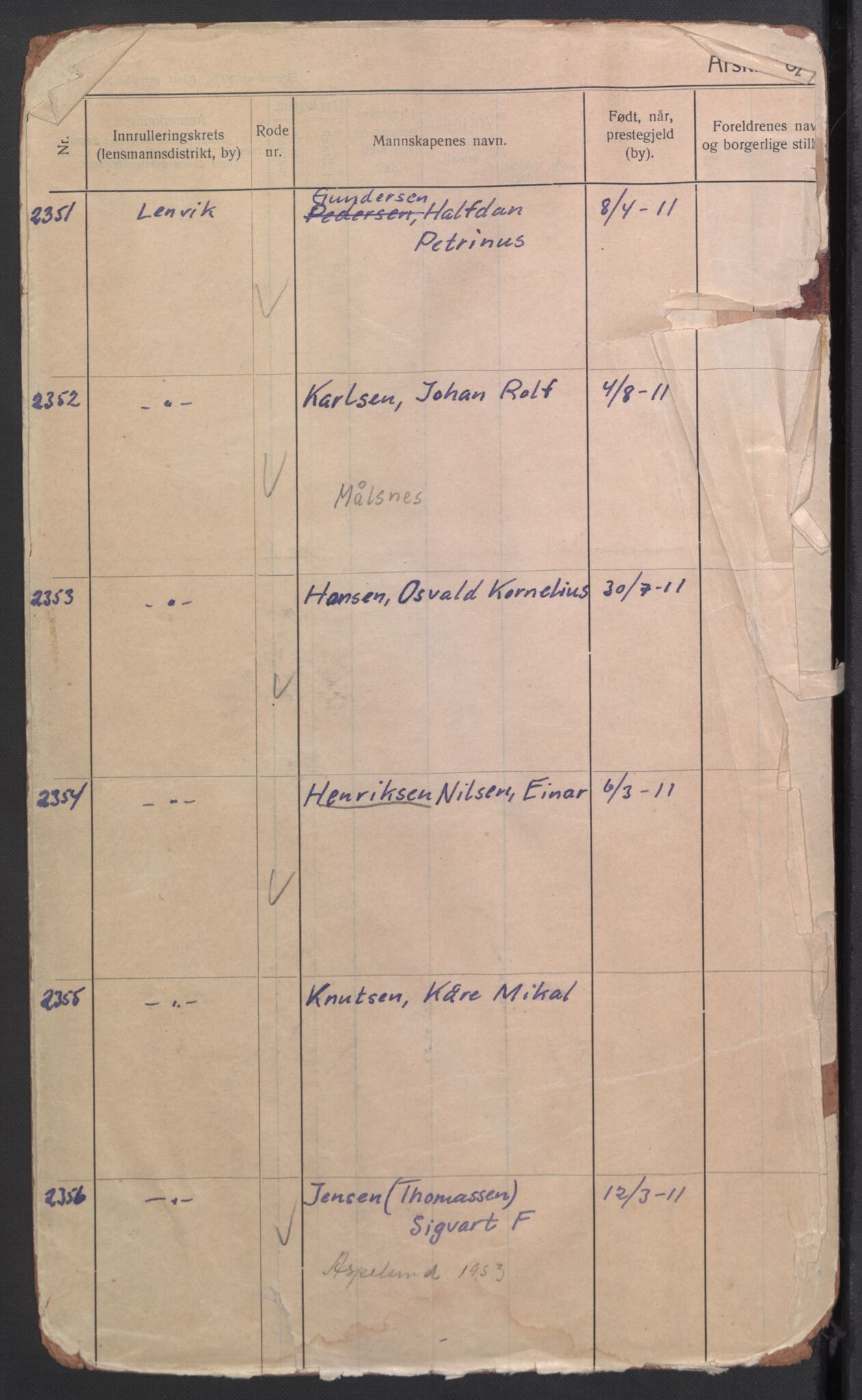 Forsvaret, Troms infanteriregiment nr. 16, AV/RA-RAFA-3146/P/Pa/L0006/0002: Ruller / Rulle for Bardu bataljons menige mannskaper, årsklasse 1932, 1932