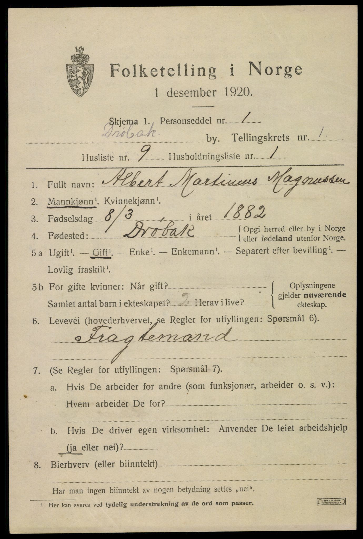 SAO, 1920 census for Drøbak, 1920, p. 2087