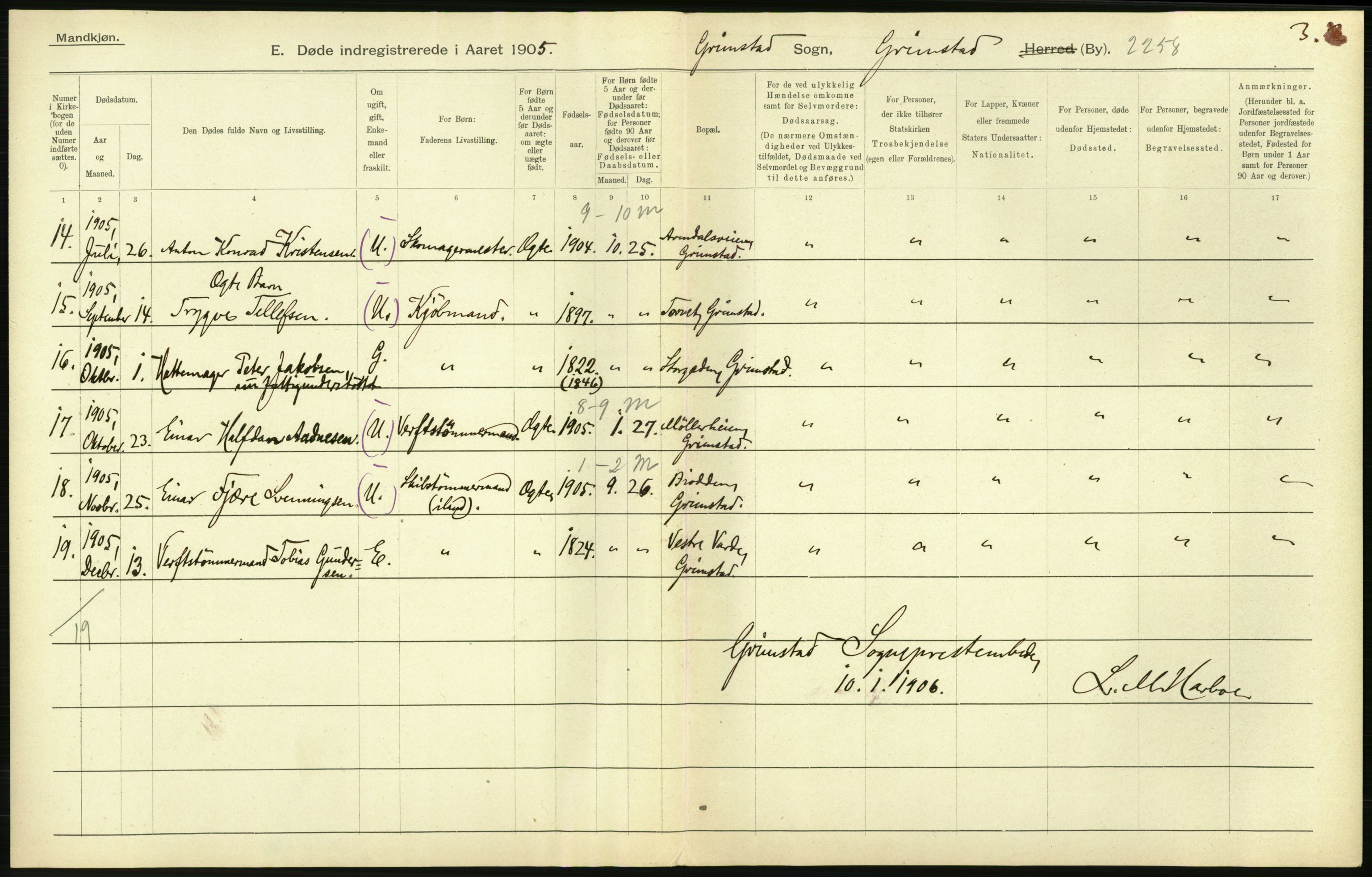 Statistisk sentralbyrå, Sosiodemografiske emner, Befolkning, AV/RA-S-2228/D/Df/Dfa/Dfac/L0043: Bratsberg - Lister og Mandals amt: Levendefødte menn og kvinner, gifte, døde, dødfødte. Byer., 1905, p. 444