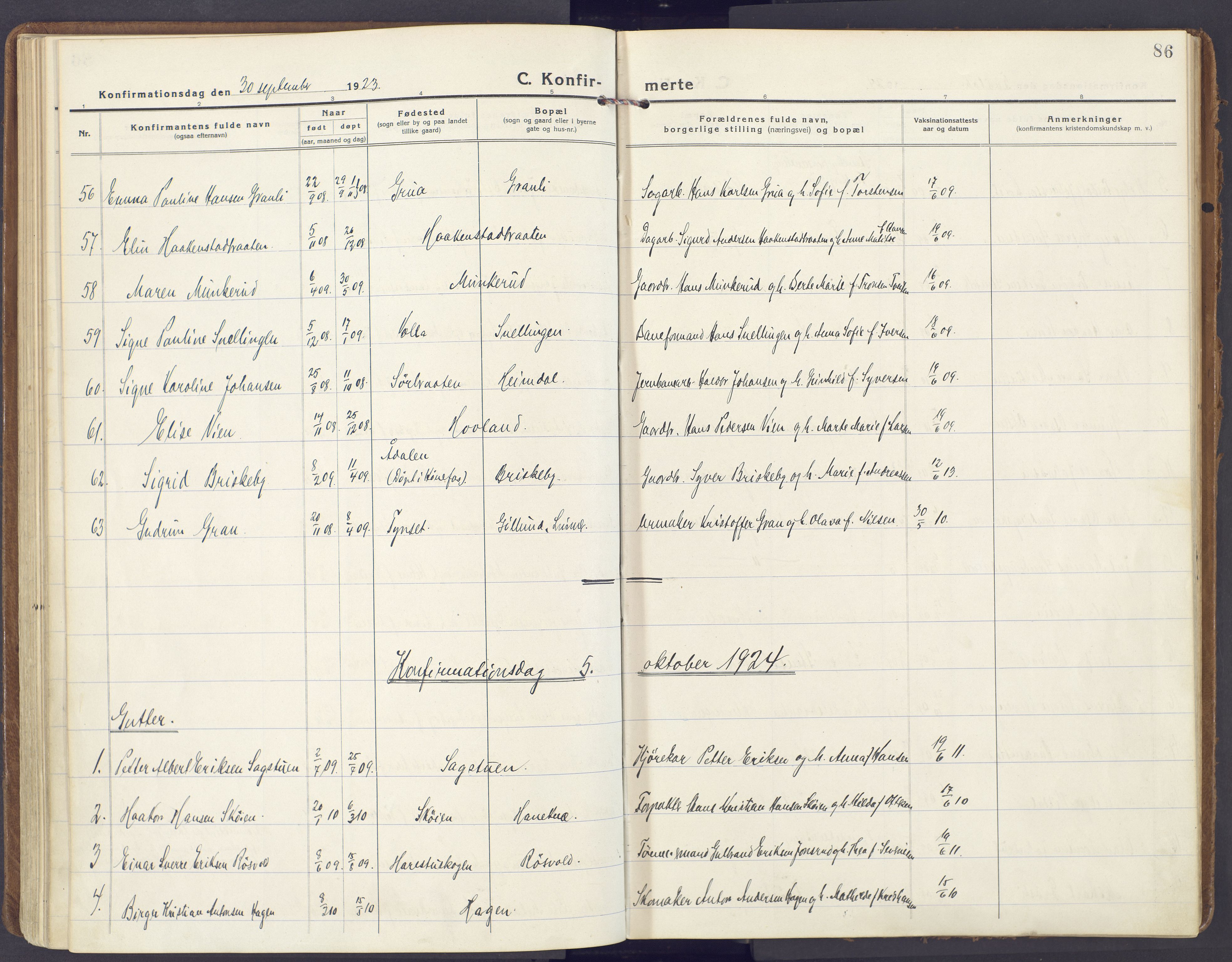 Lunner prestekontor, SAH/PREST-118/H/Ha/Haa/L0002: Parish register (official) no. 2, 1922-1931, p. 86
