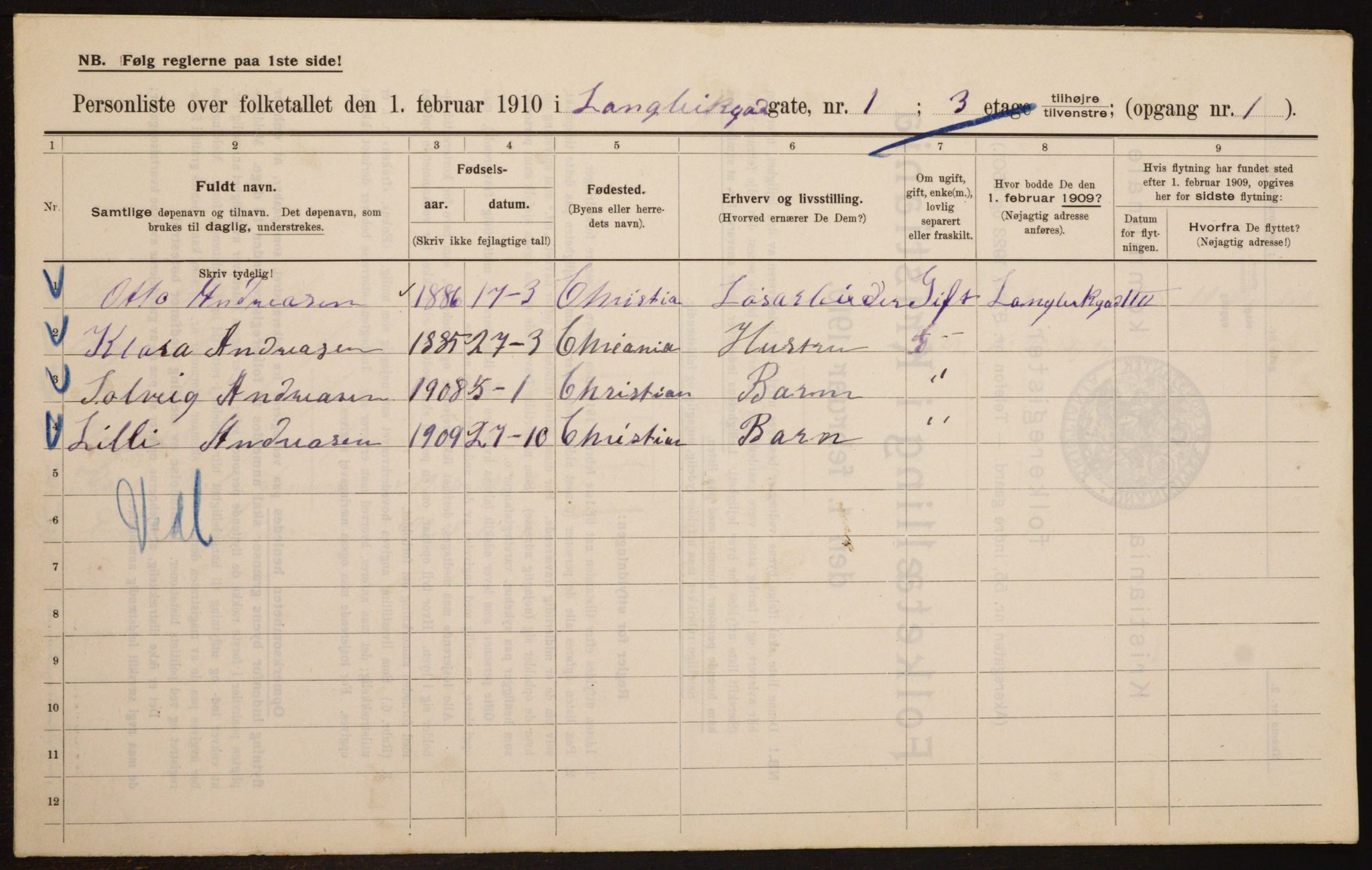 OBA, Municipal Census 1910 for Kristiania, 1910, p. 54890