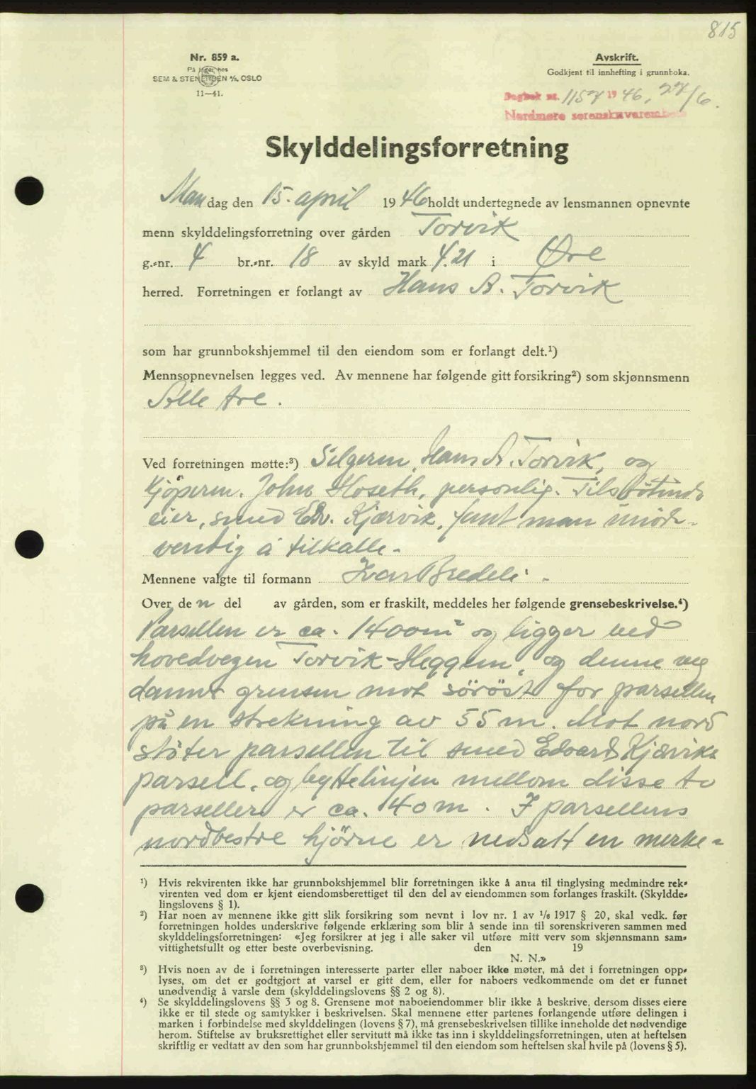 Nordmøre sorenskriveri, AV/SAT-A-4132/1/2/2Ca: Mortgage book no. A101, 1946-1946, Diary no: : 1157/1946