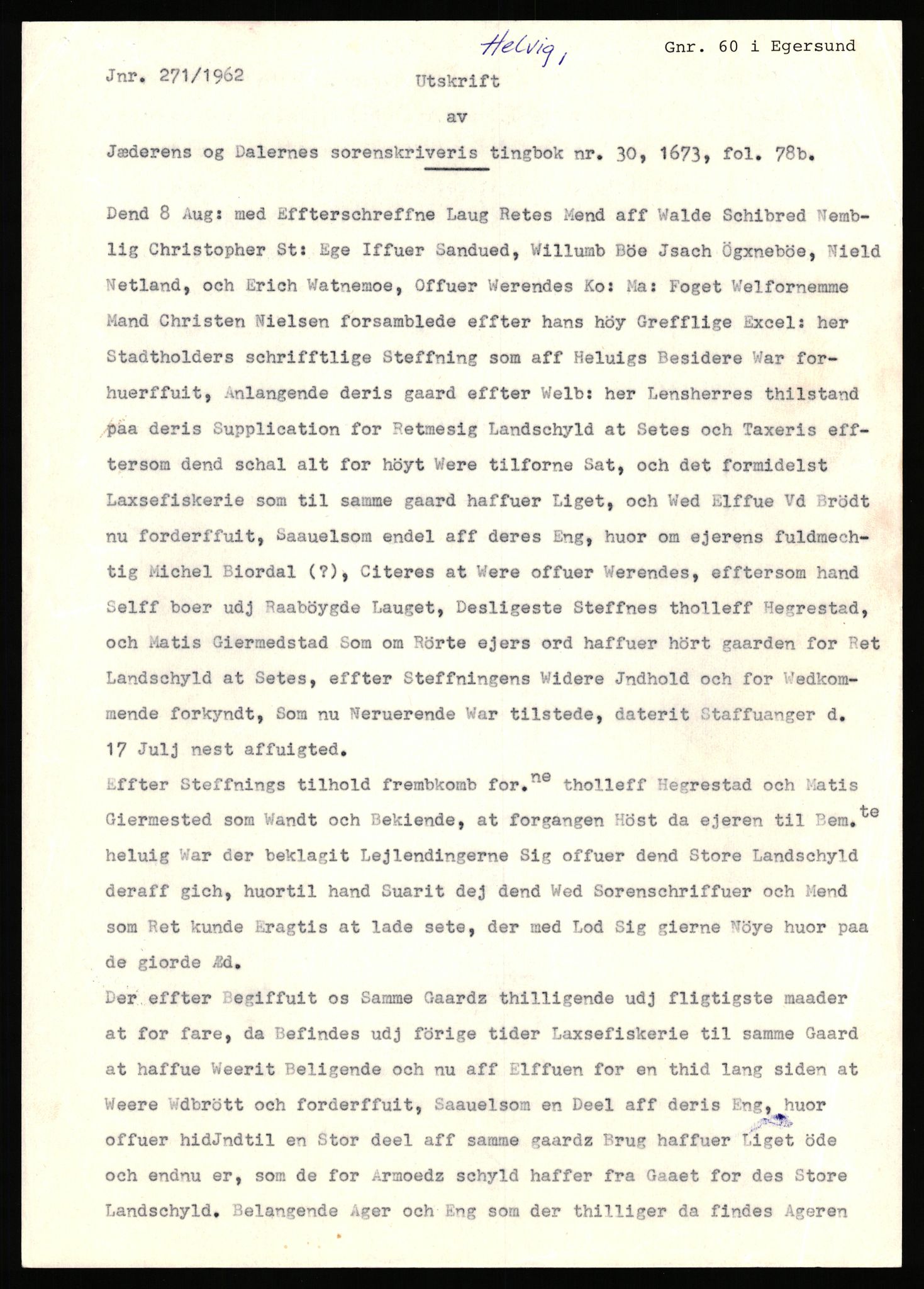 Statsarkivet i Stavanger, SAST/A-101971/03/Y/Yj/L0035: Avskrifter sortert etter gårdsnavn: Helleland - Hersdal, 1750-1930, p. 80