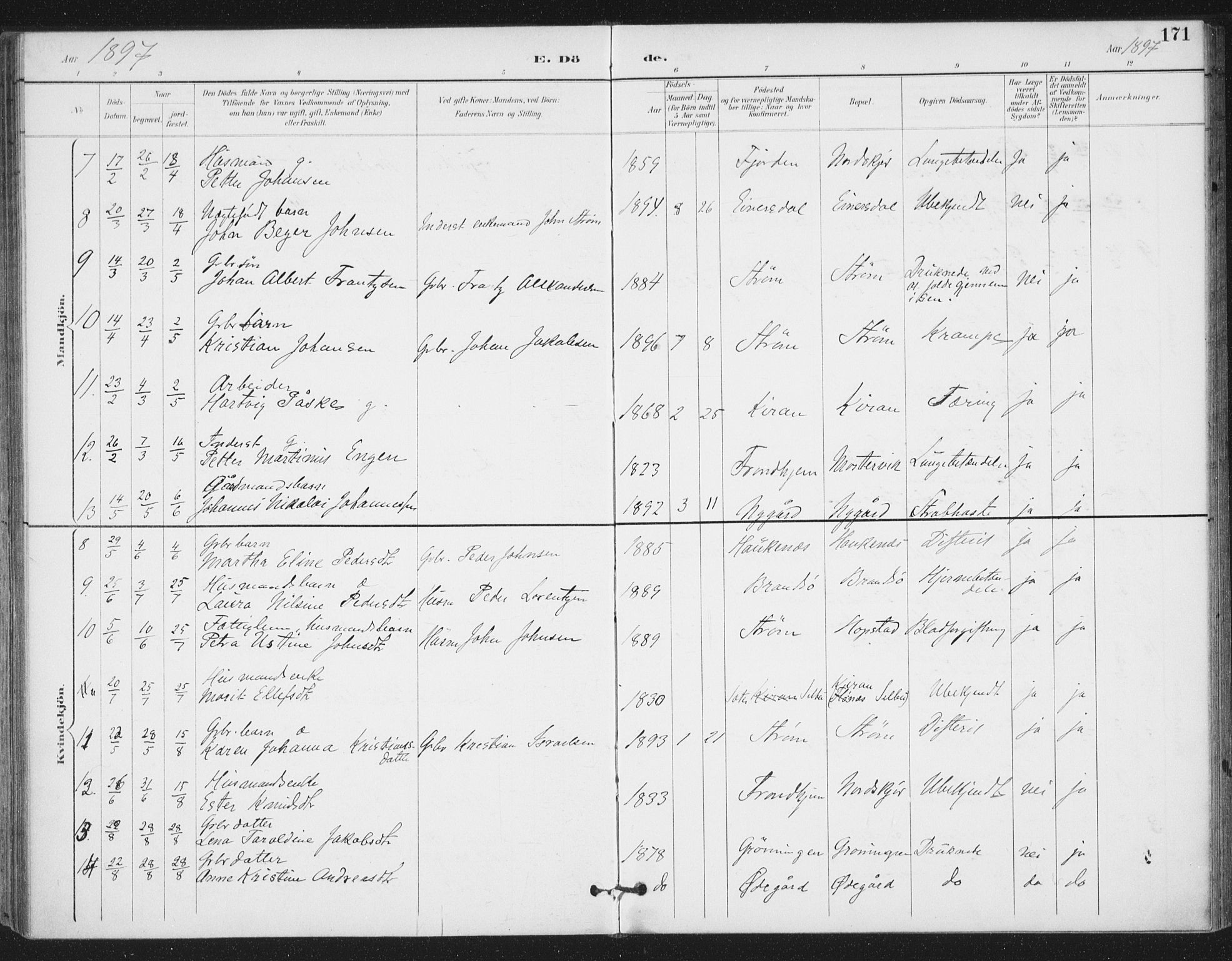 Ministerialprotokoller, klokkerbøker og fødselsregistre - Sør-Trøndelag, SAT/A-1456/657/L0708: Parish register (official) no. 657A09, 1894-1904, p. 171