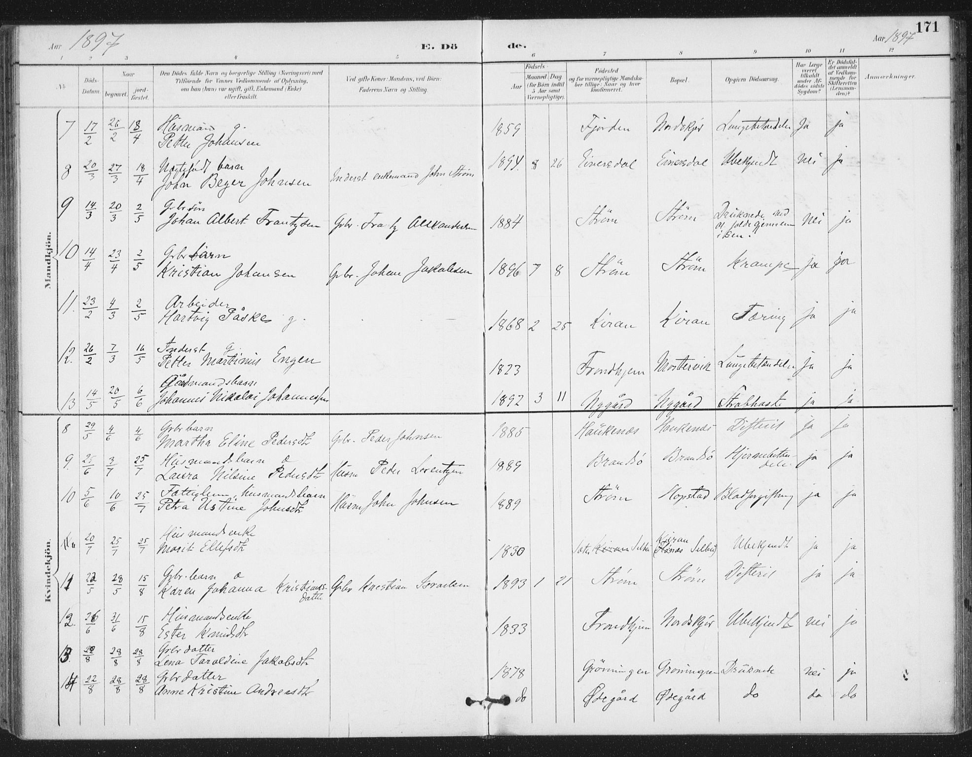 Ministerialprotokoller, klokkerbøker og fødselsregistre - Sør-Trøndelag, AV/SAT-A-1456/657/L0708: Parish register (official) no. 657A09, 1894-1904, p. 171