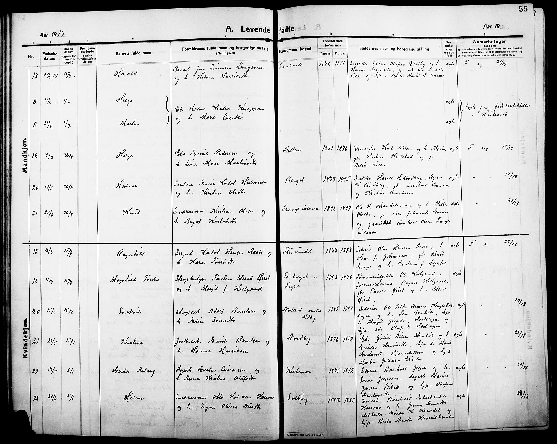Åsnes prestekontor, AV/SAH-PREST-042/H/Ha/Hab/L0007: Parish register (copy) no. 7, 1909-1926, p. 55