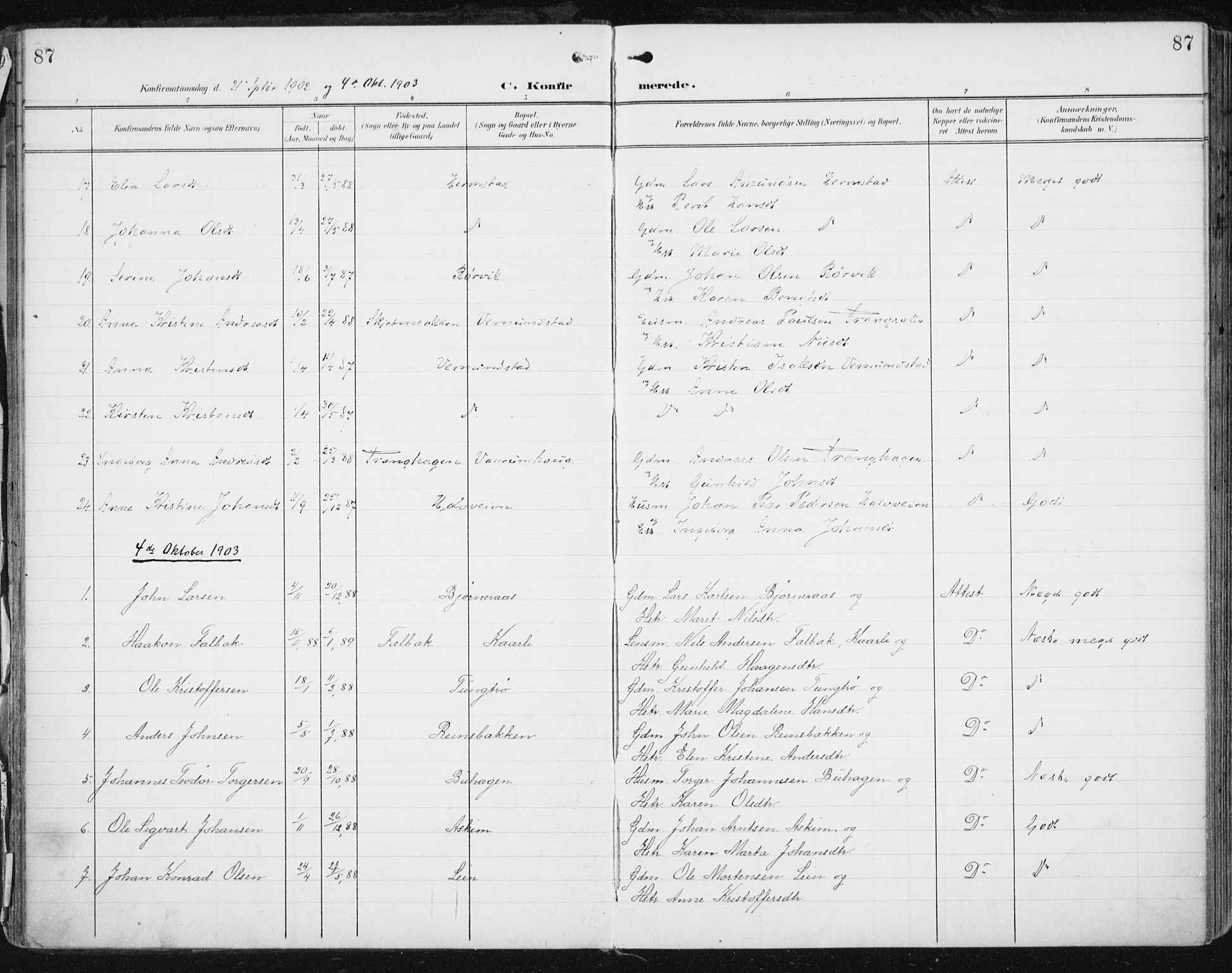 Ministerialprotokoller, klokkerbøker og fødselsregistre - Sør-Trøndelag, AV/SAT-A-1456/646/L0616: Parish register (official) no. 646A14, 1900-1918, p. 87