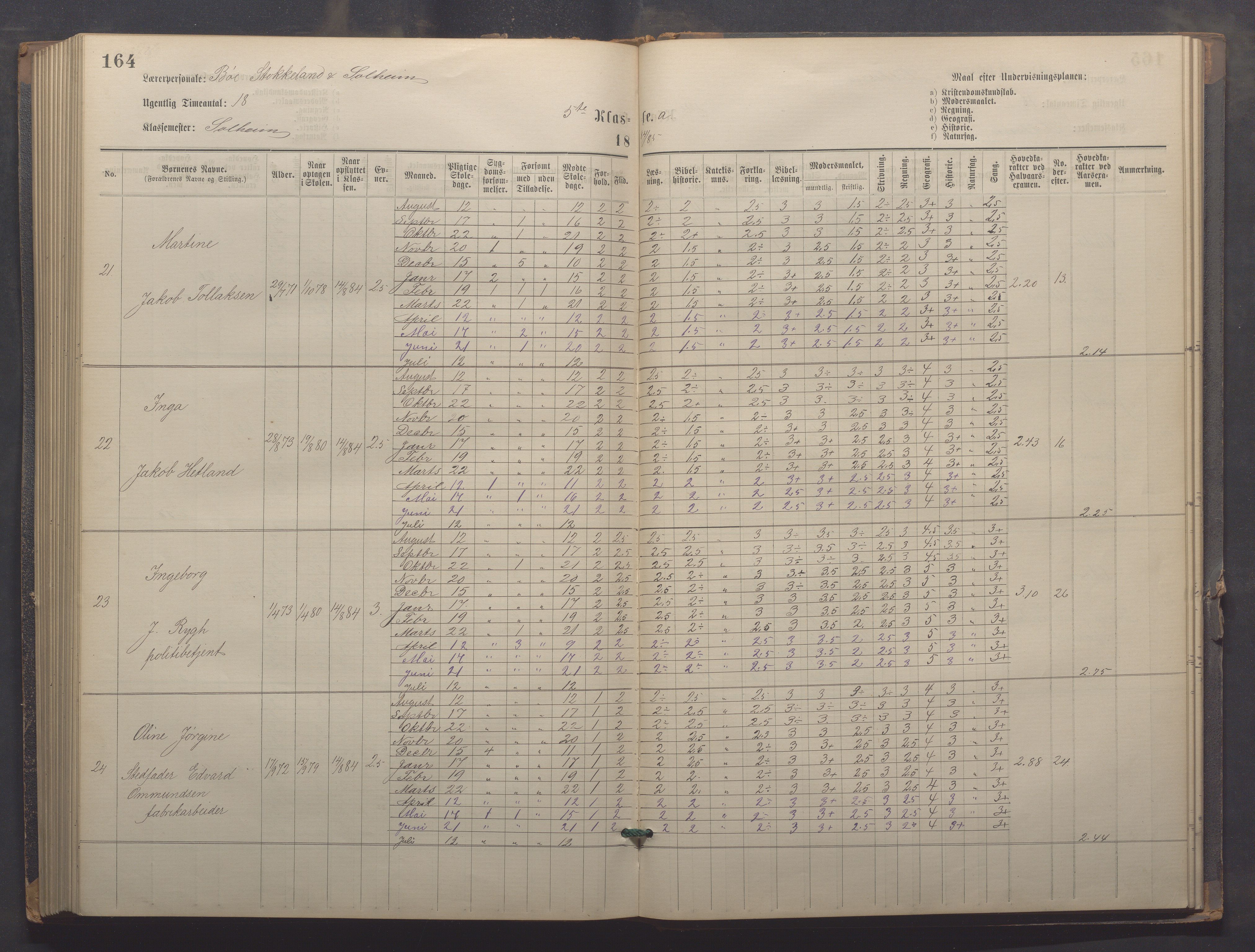 Egersund kommune (Ladested) - Egersund almueskole/folkeskole, IKAR/K-100521/H/L0021: Skoleprotokoll - Almueskolen, 7. klasse, 1878-1886, p. 164