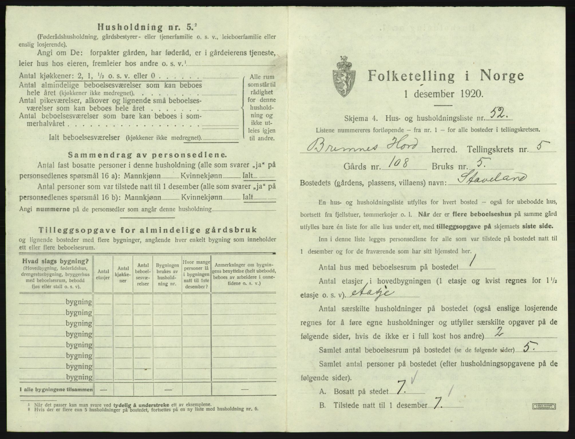 SAB, 1920 census for Bremnes, 1920, p. 357