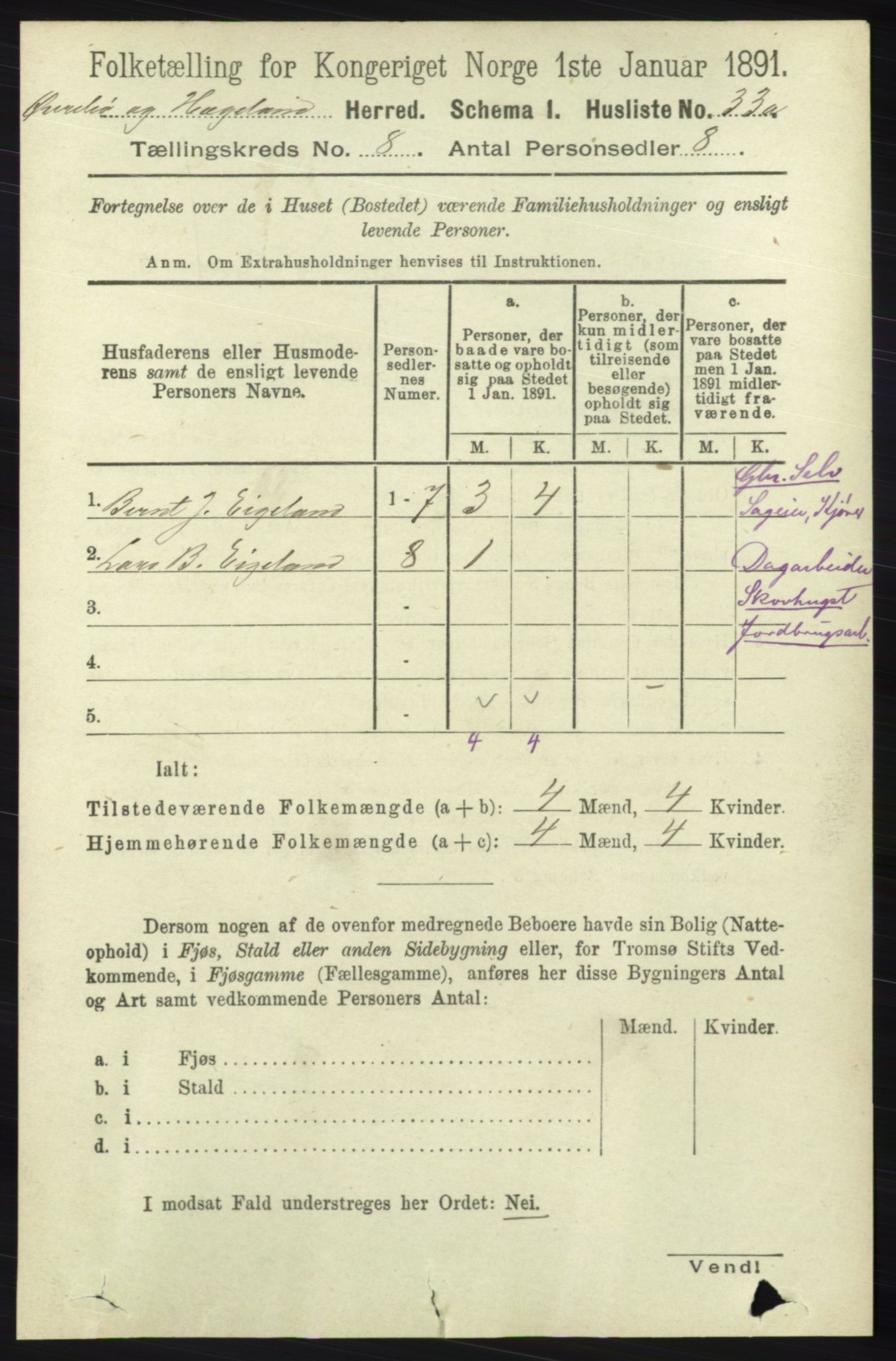 RA, 1891 census for 1016 Øvrebø og Hægeland, 1891, p. 1464